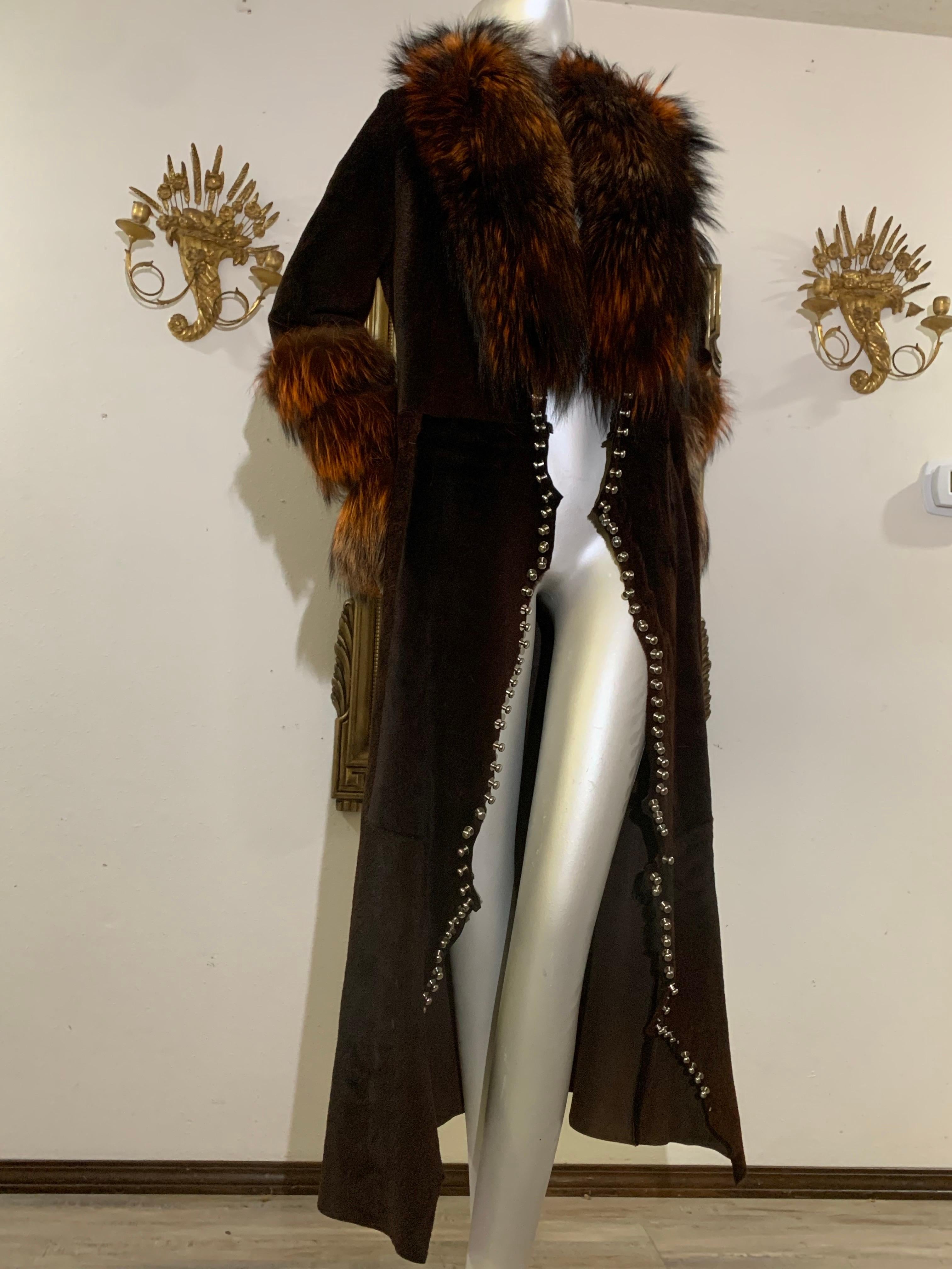 Black 2000s Rockstar Runway Roberto Cavalli Pony Fur & Fox Collar Maxi Coat