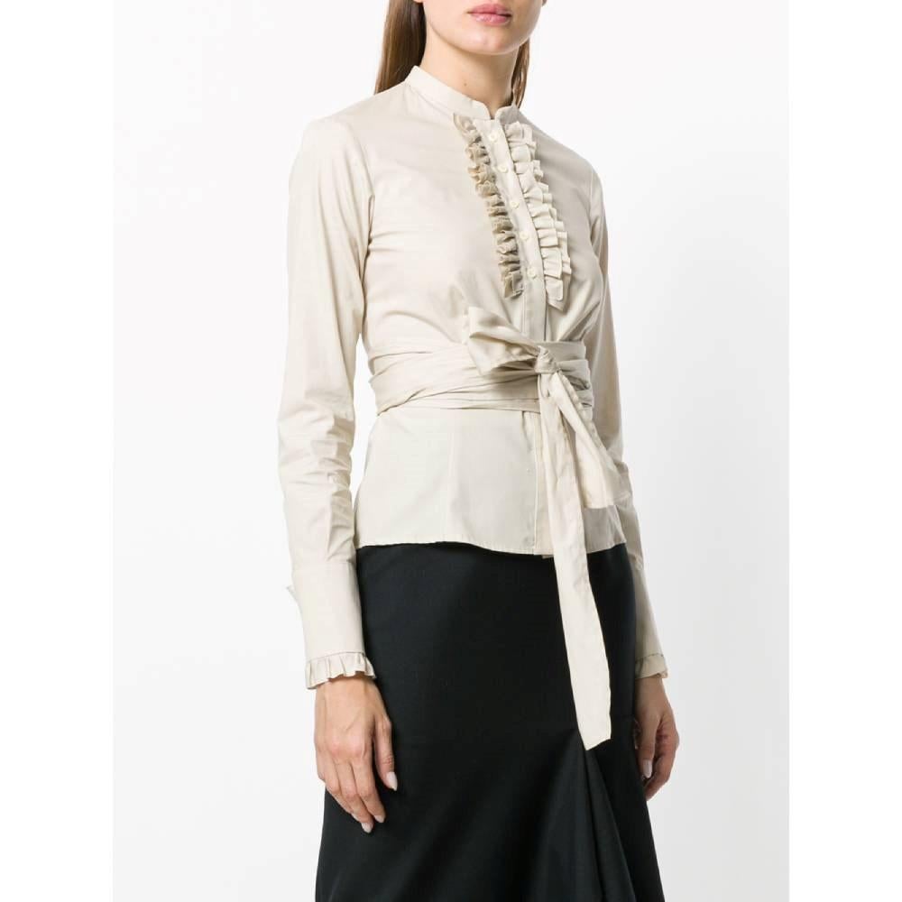 Beige 2000s Romeo Gigli beige cotton shirt with mandarin collar and built-in belt