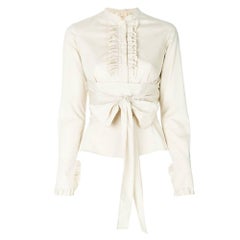 2000s Romeo Gigli beige cotton shirt with mandarin collar and built-in belt