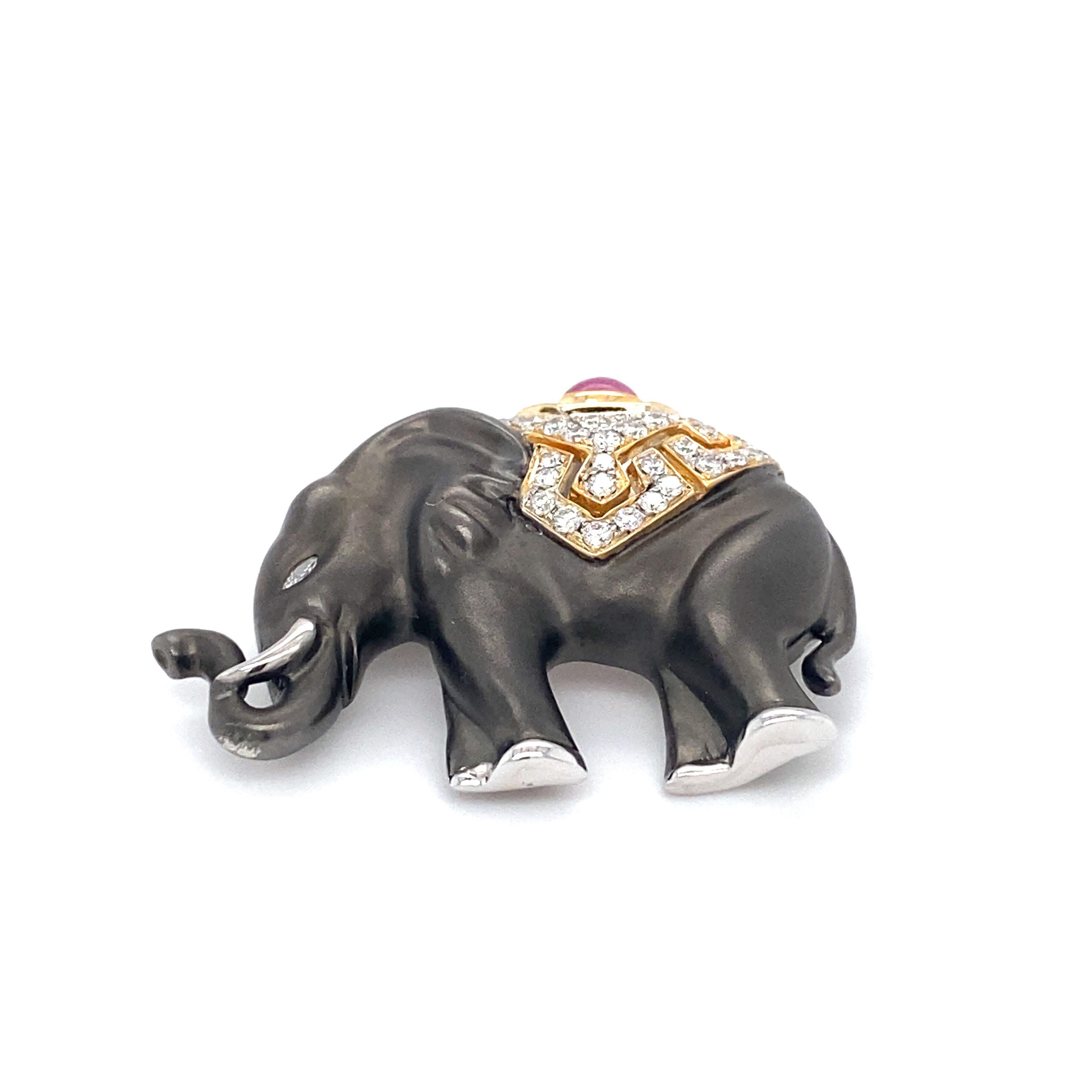 Cabochon 2000s Ruby and Diamond Elephant Brooch in 18 Karat White Gold