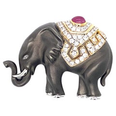 2000s Ruby and Diamond Elephant Brooch in 18 Karat White Gold