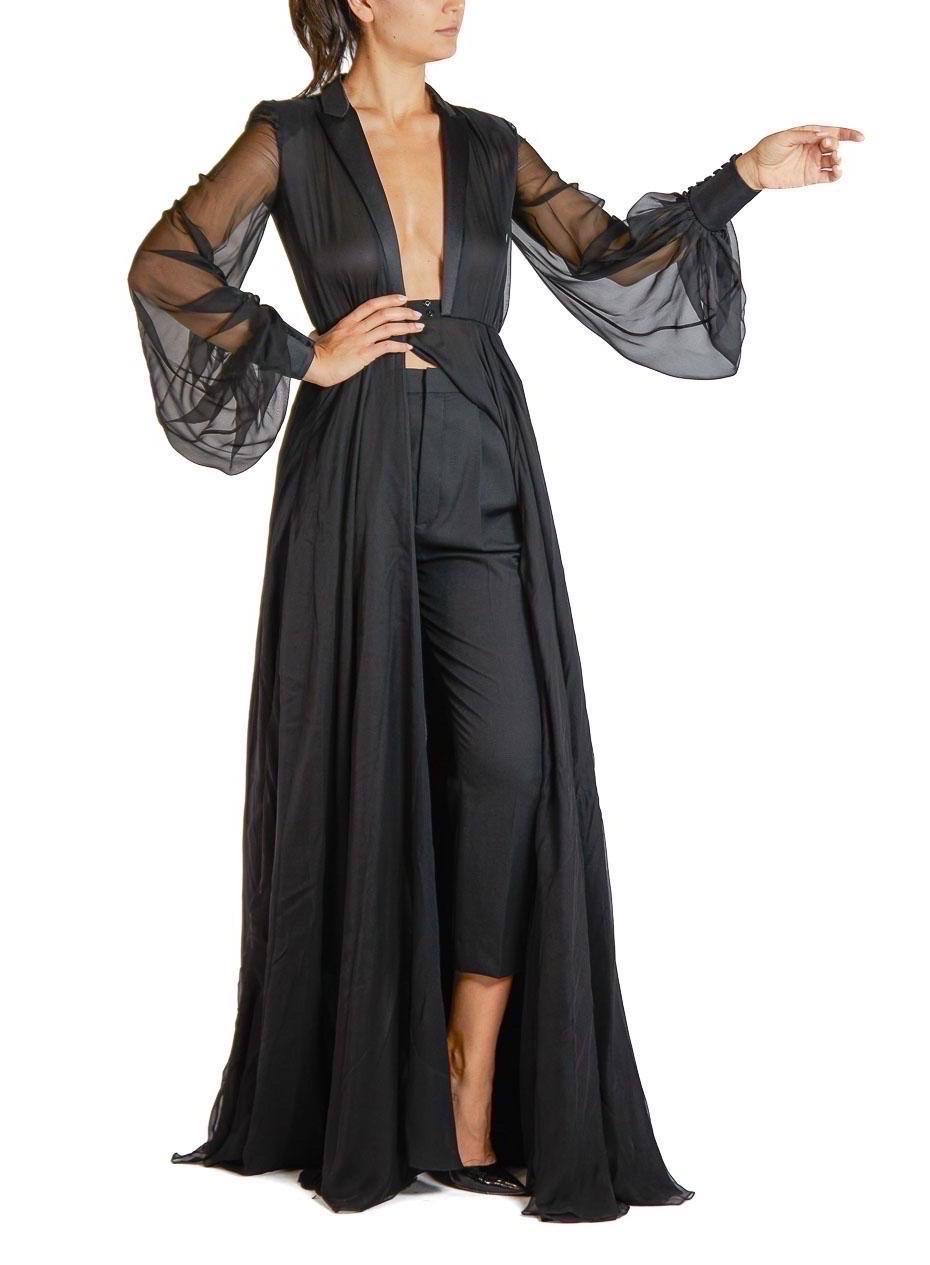 2000S SAINT LAURENT Black Silk Chiffon Tuxedo Lapel Trained Gown With Sleeves & Pants