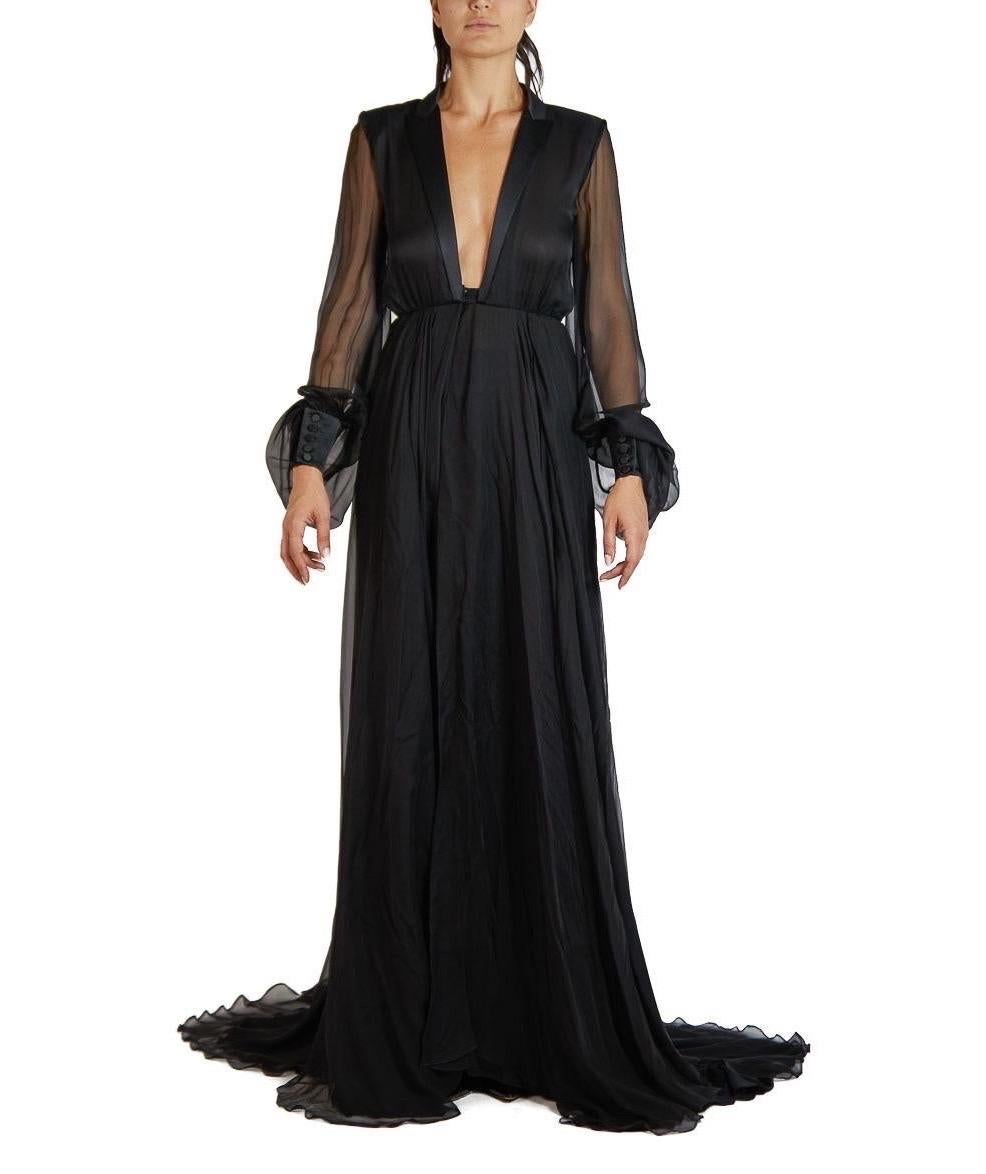 2000S SAINT LAURENT Black Silk Chiffon Tuxedo Lapel Trained Gown With Sleeves & In Excellent Condition For Sale In New York, NY