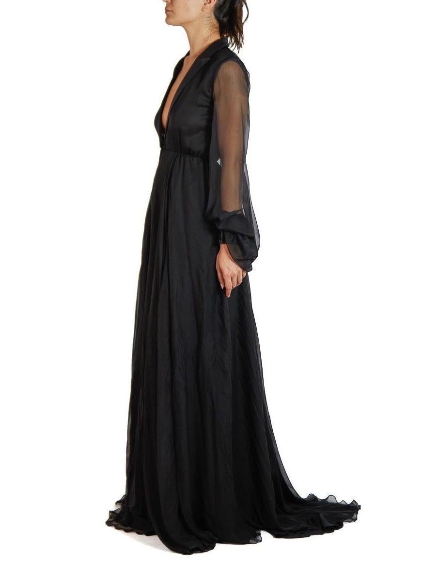 Women's 2000S SAINT LAURENT Black Silk Chiffon Tuxedo Lapel Trained Gown With Sleeves & For Sale