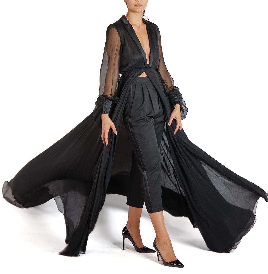 2000S SAINT LAURENT Black Silk Chiffon Tuxedo Lapel Trained Gown With Sleeves & For Sale 1