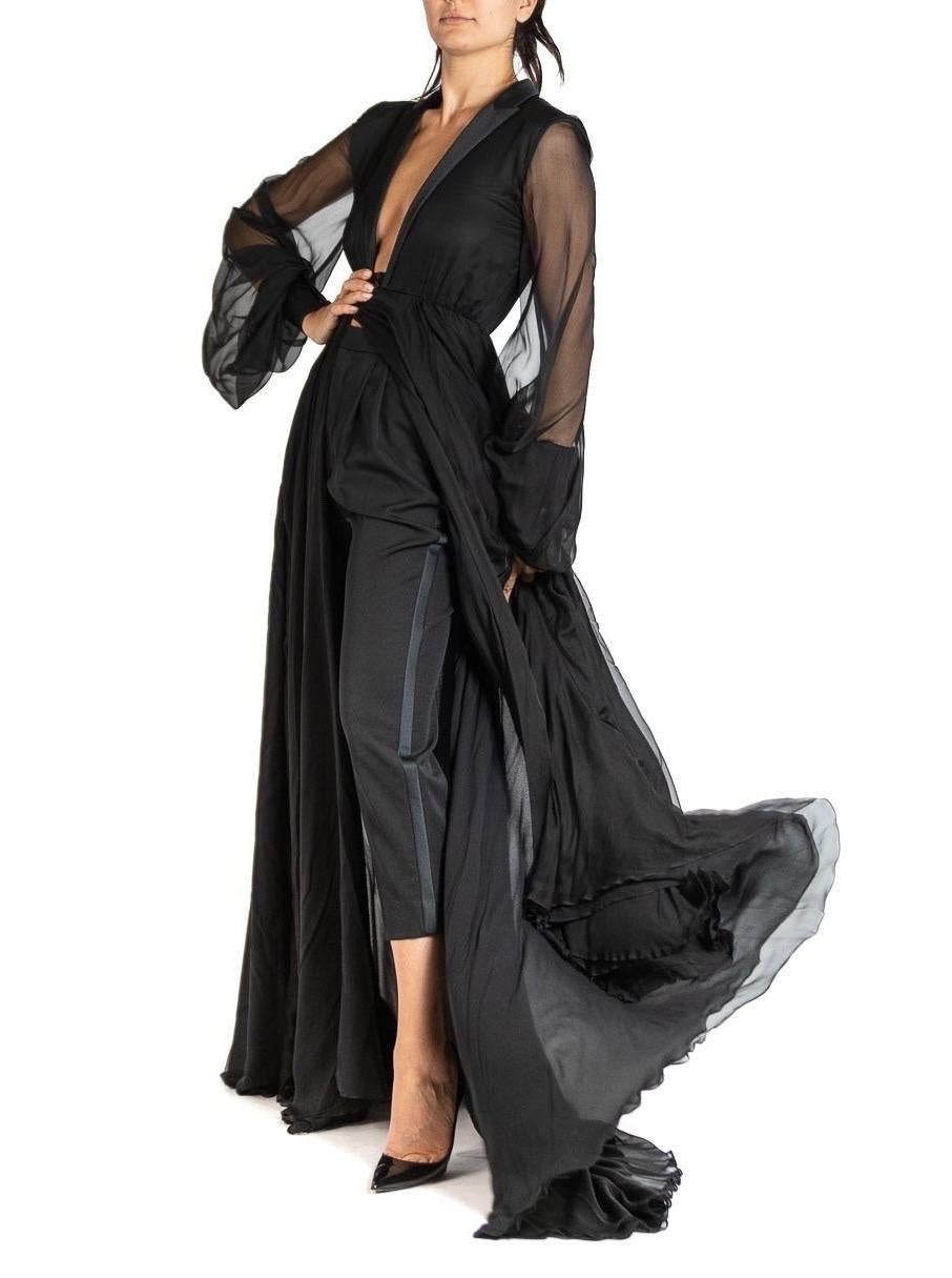 2000S SAINT LAURENT Black Silk Chiffon Tuxedo Lapel Trained Gown With Sleeves & For Sale 2