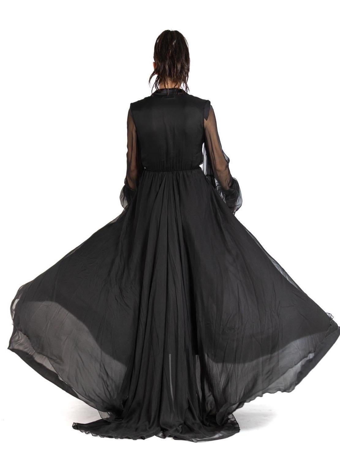 2000S SAINT LAURENT Black Silk Chiffon Tuxedo Lapel Trained Gown With Sleeves & For Sale 4