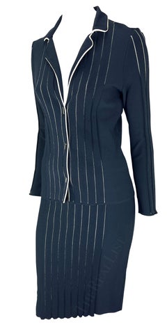2000 Salvatore Ferragamo Navy White Stripe Stretch Knit Gonna Set Y2K