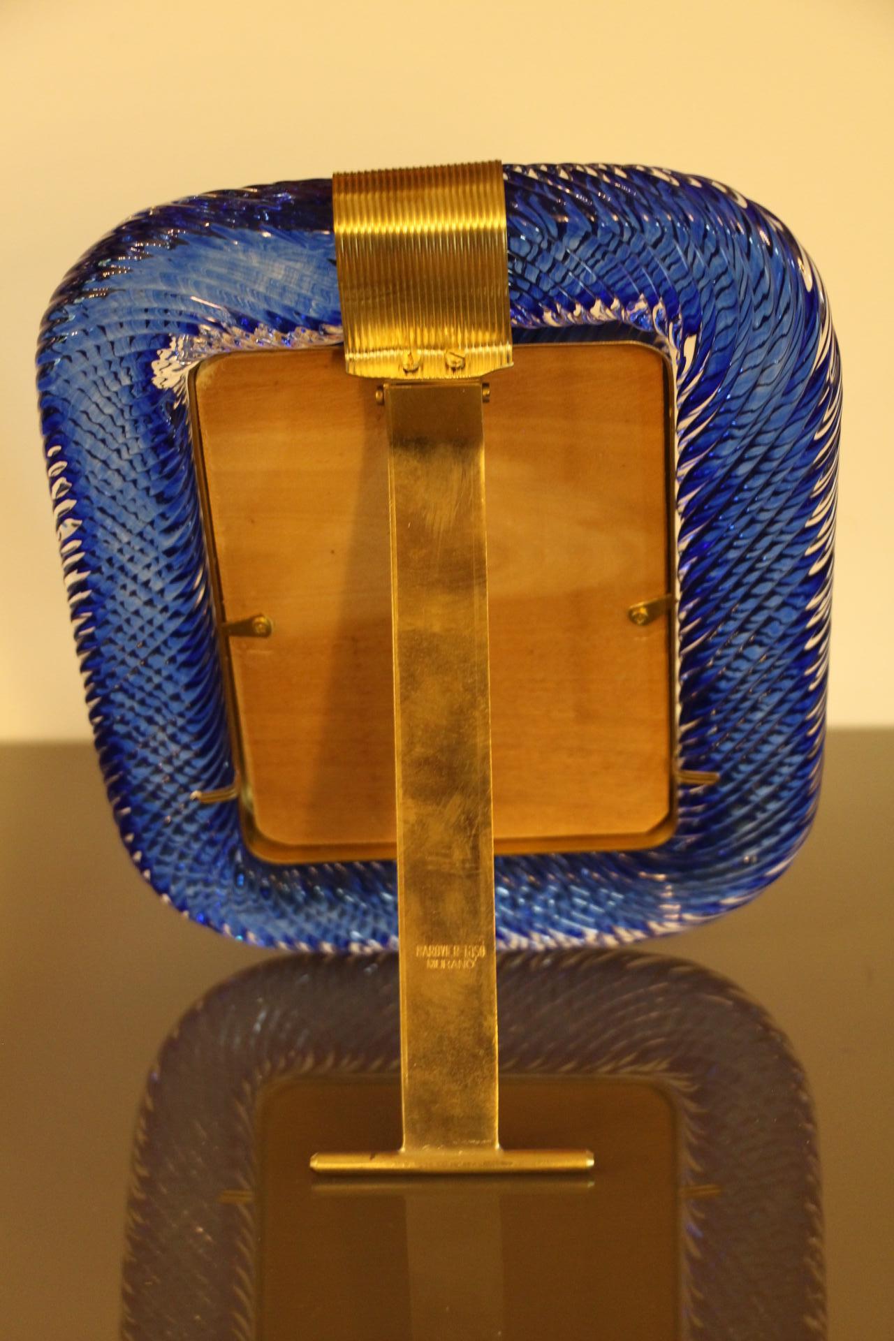 2000's Saphir Blue Twisted Murano Glass and Brass Photo Frame by Barovier e Toso For Sale 4