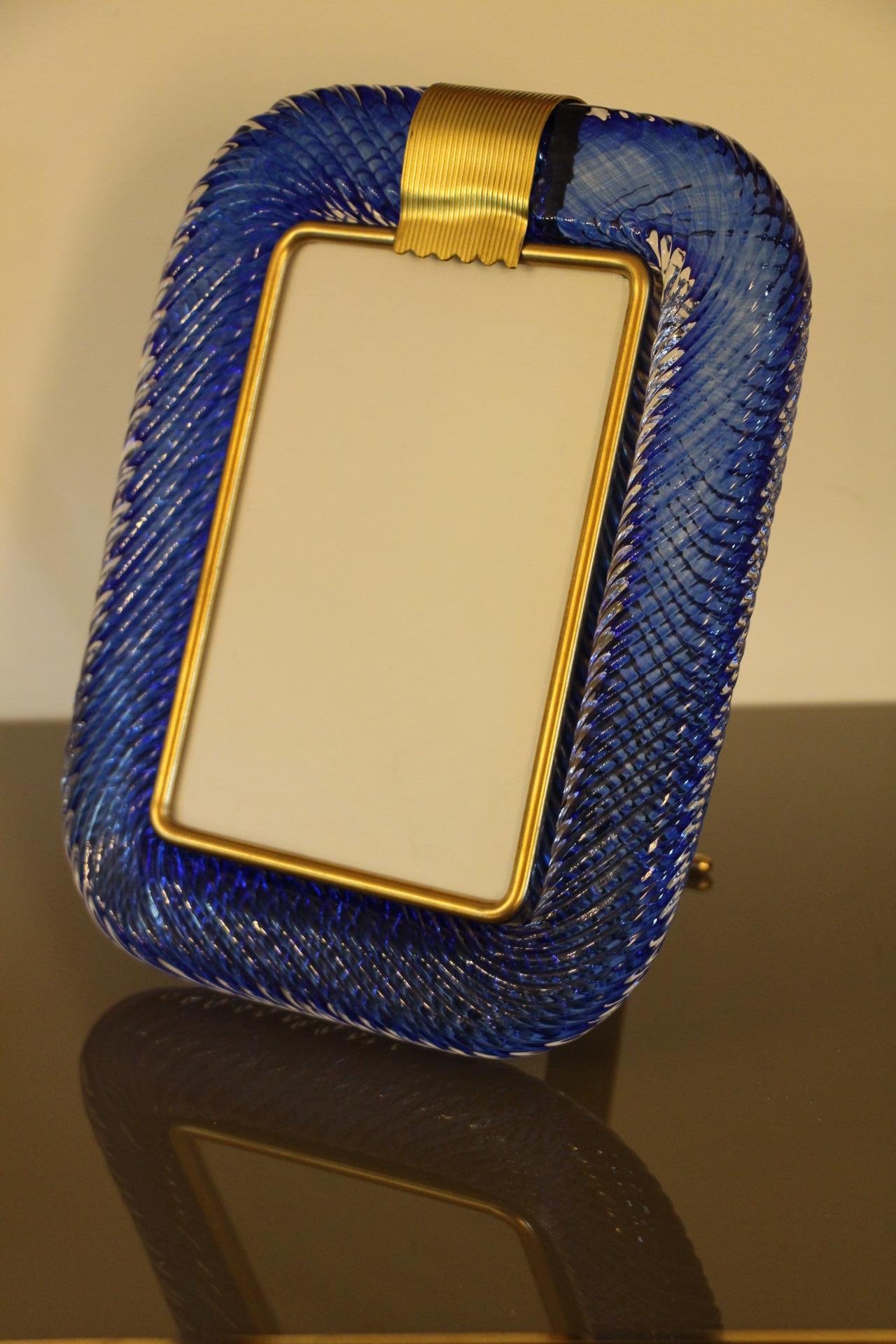 2000's Saphir Blue Twisted Murano Glass and Brass Photo Frame by Barovier e Toso For Sale 7