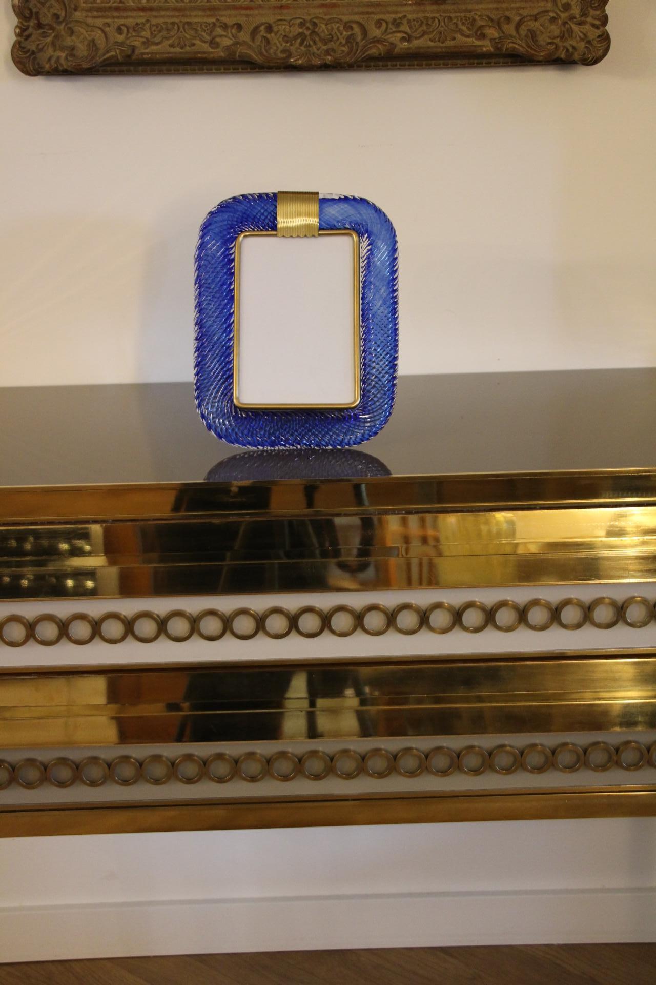 2000's Saphir Blue Twisted Murano Glass and Brass Photo Frame by Barovier e Toso For Sale 9