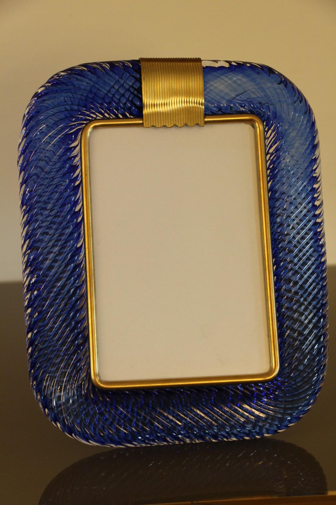 2000's Saphir Blue Twisted Murano Glass and Brass Photo Frame by Barovier e Toso For Sale 1
