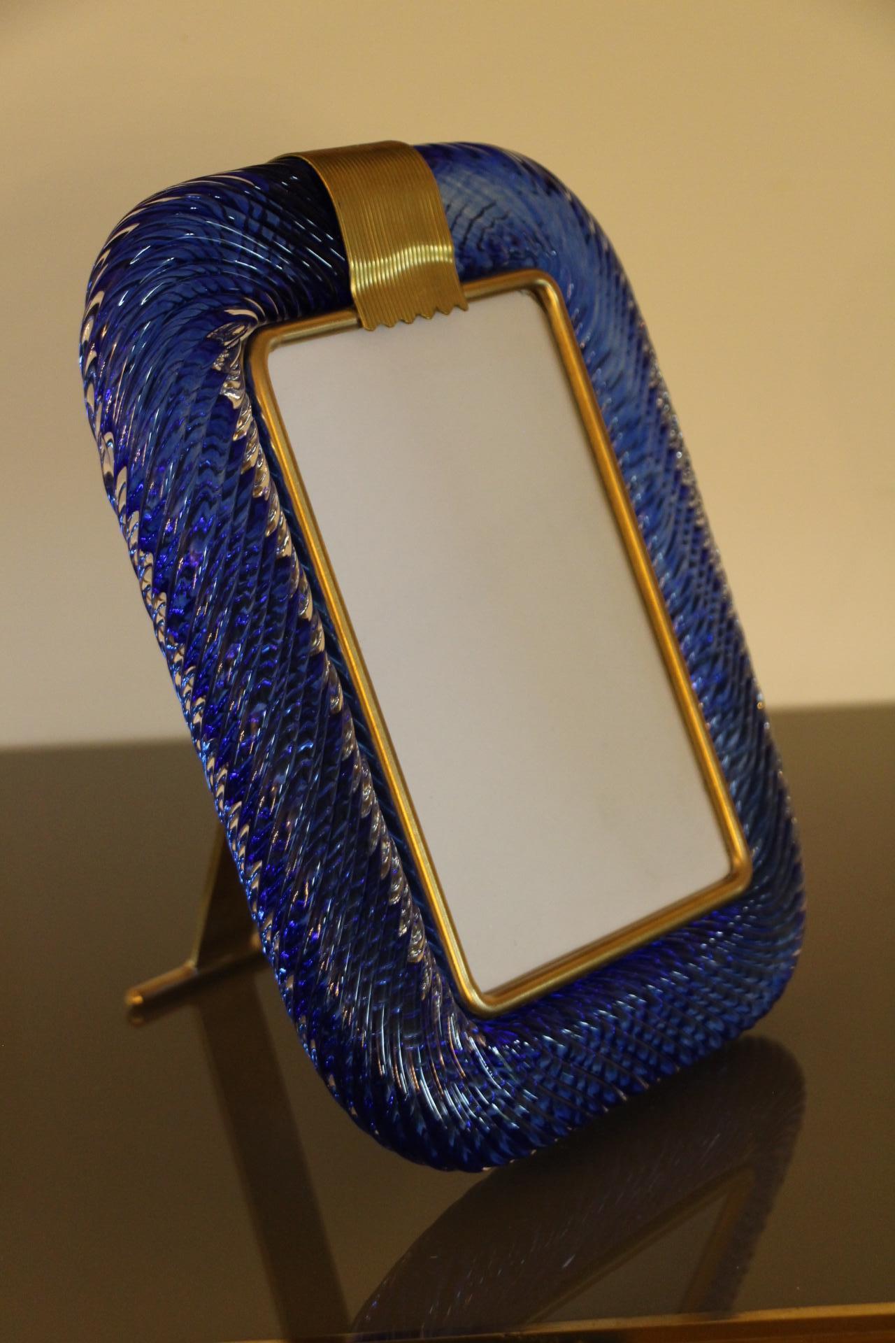 2000's Saphir Blue Twisted Murano Glass and Brass Photo Frame by Barovier e Toso For Sale 2