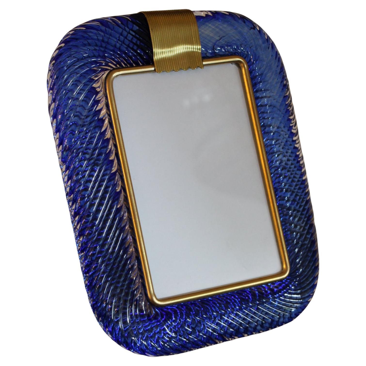 2000's Saphir Blue Twisted Murano Glass and Brass Photo Frame by Barovier e Toso For Sale