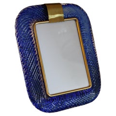 2000's Saphir Blue Twisted Murano Glass and Brass Photo Frame by Barovier e Toso