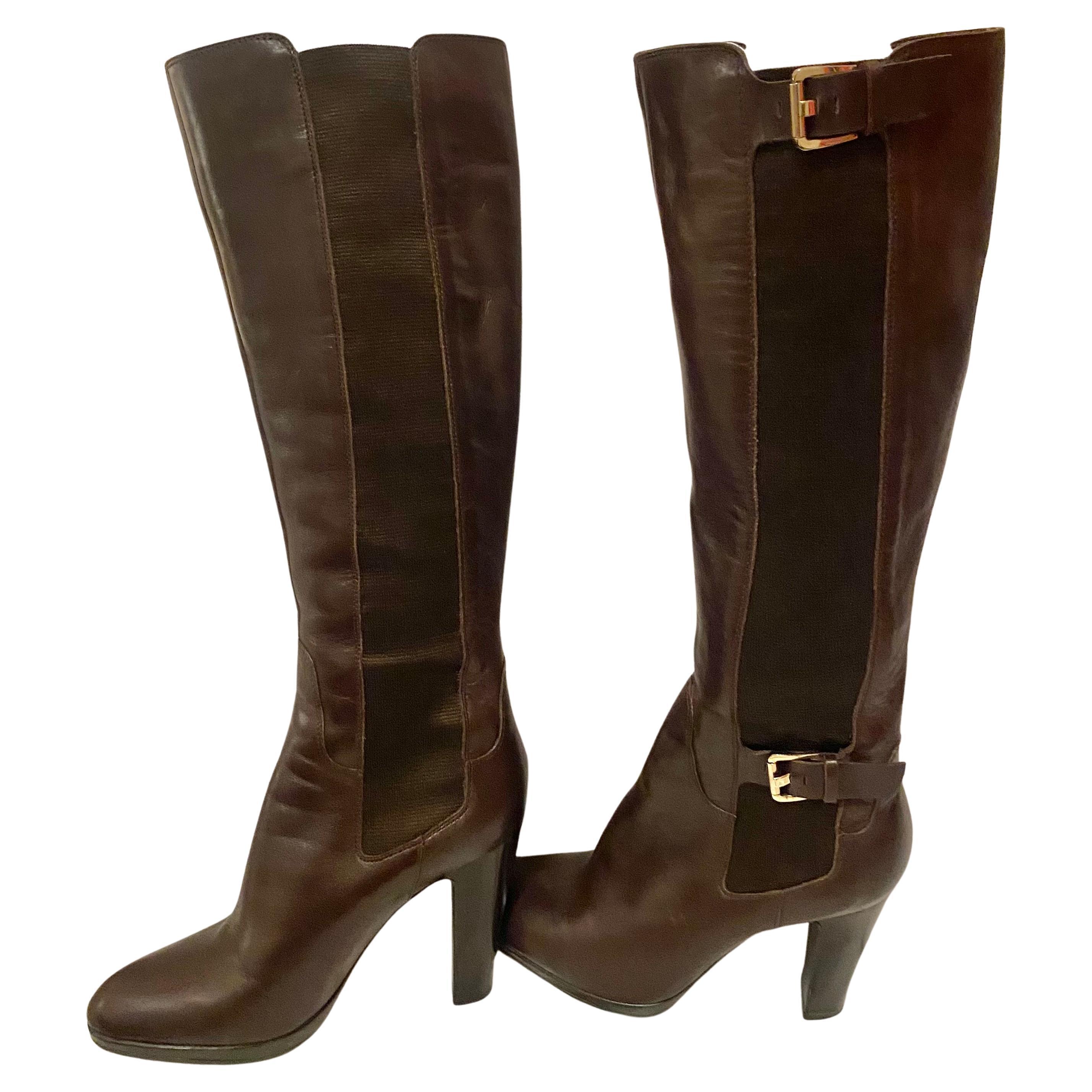 2000s Sergio Rossi Brown Knee Length Boots en cuir 36.5 Excellent état - En vente à London, GB
