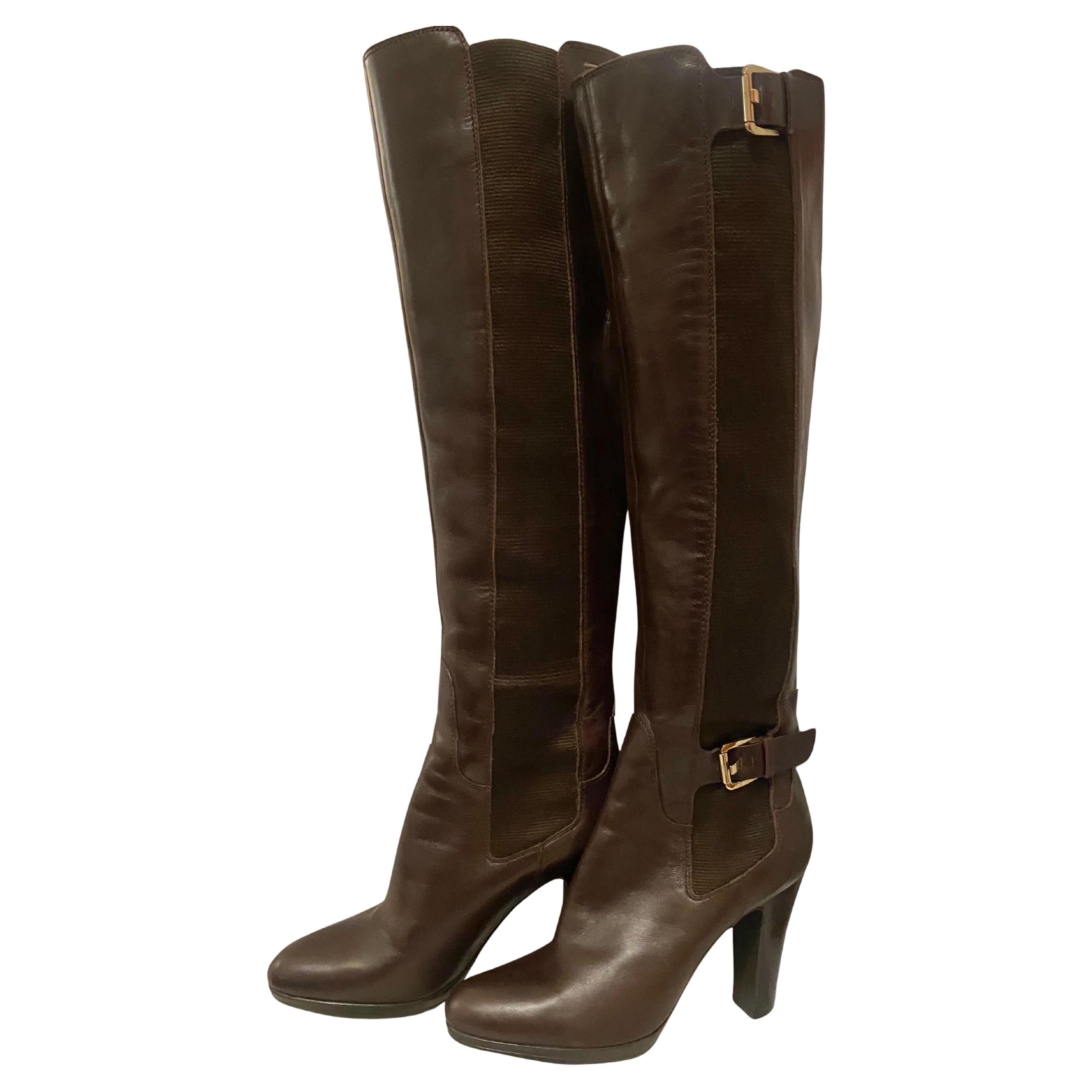 2000s Sergio Rossi Brown Knee Length Boots en cuir 36.5 en vente