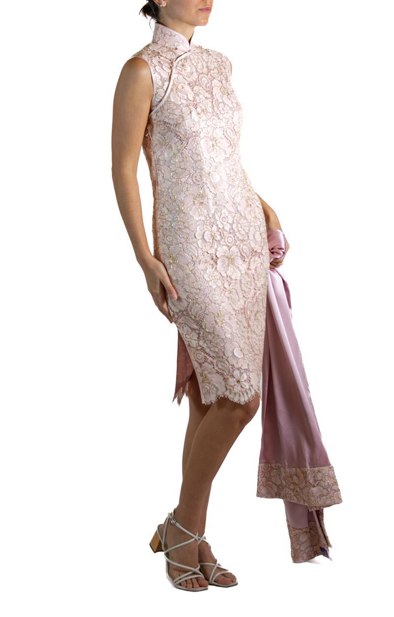 2000S SHANGAI TANG Light Pink & Gold Silk Lace Cocktail Dress With Scarf For Sale 2