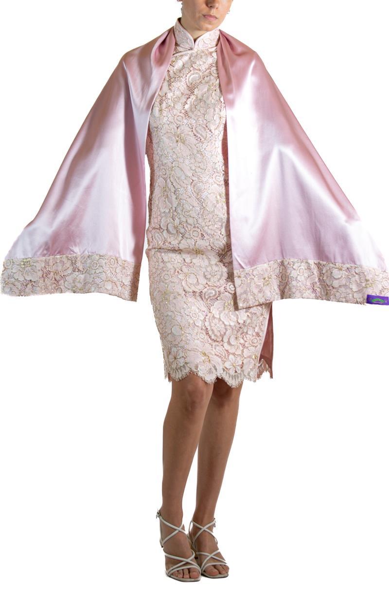 2000S SHANGAI TANG Light Pink & Gold Silk Lace Cocktail Dress With Scarf For Sale 3