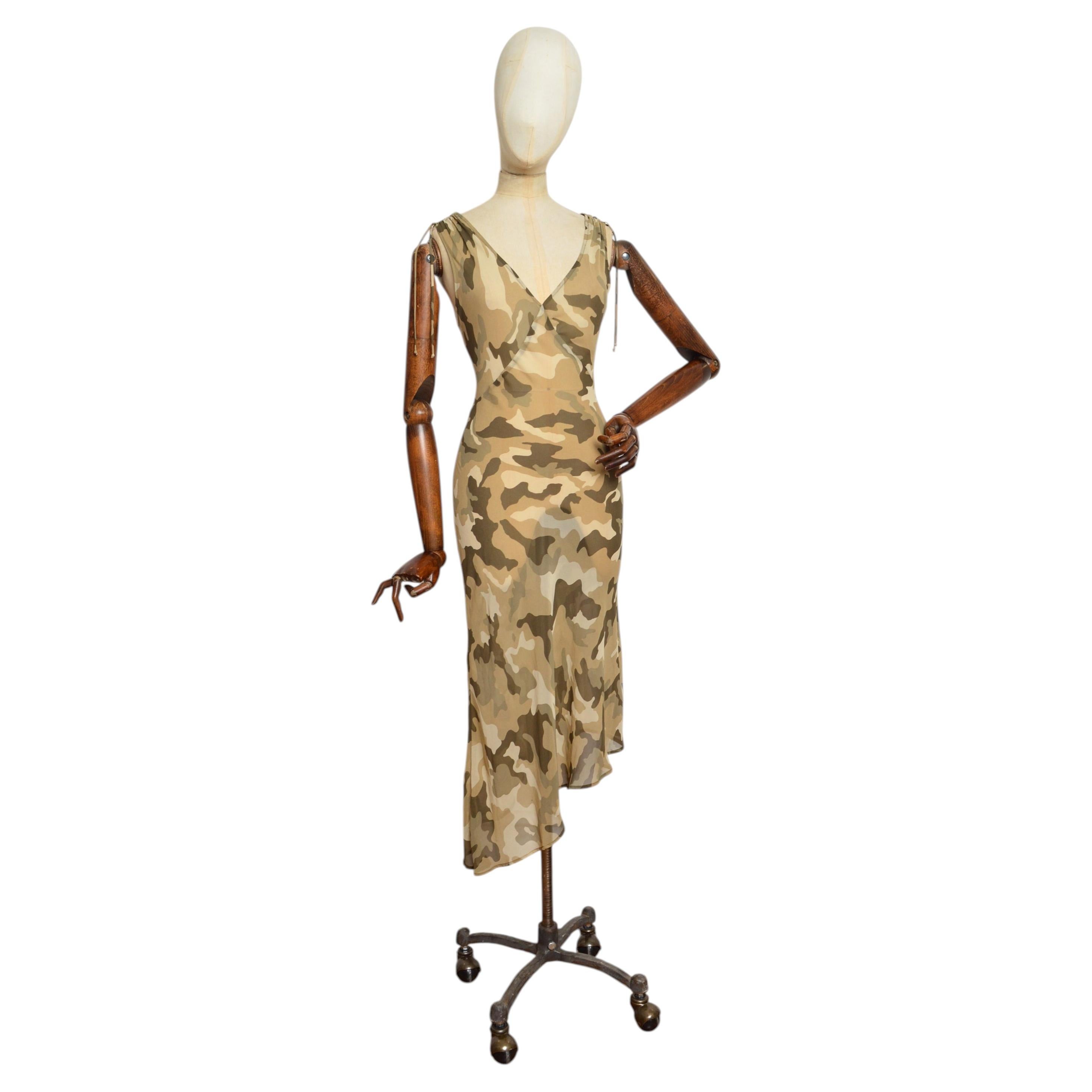 2000's Sheer Bias Cut Camouflage Army Pattern Y2k Evening - Army Slip Dress For Sale