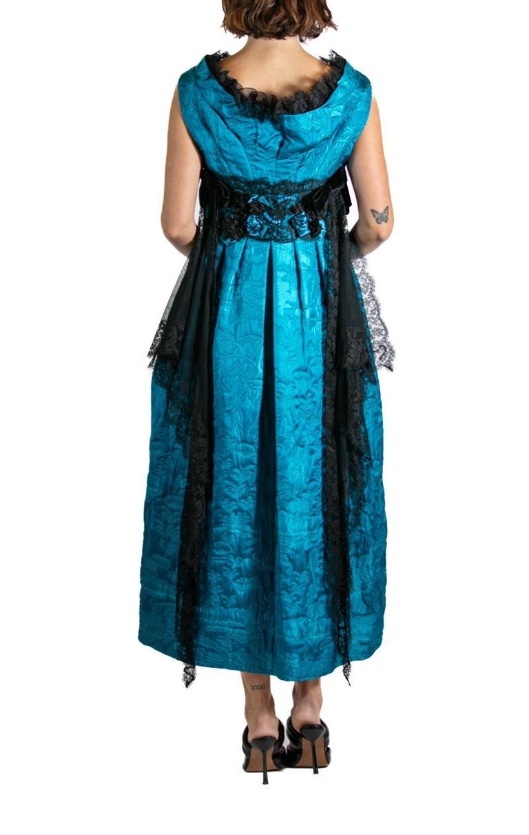 2000s Shiatzy Chen Teal & Black Silk Lace Cocktail Dress
