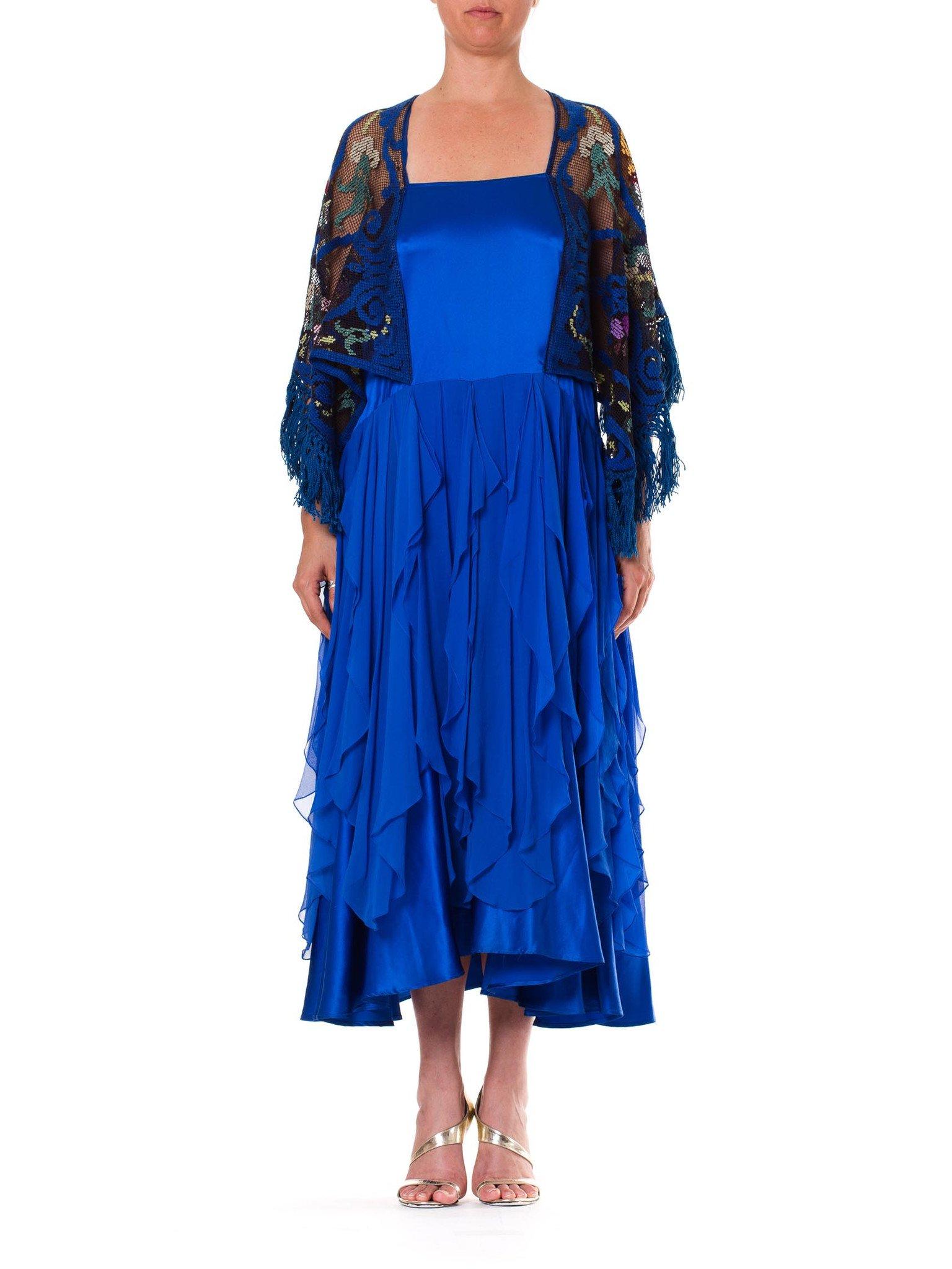 Blue Silk Charmeuse  & Chiffon Dress With Antique Lace Sleeves In Excellent Condition For Sale In New York, NY