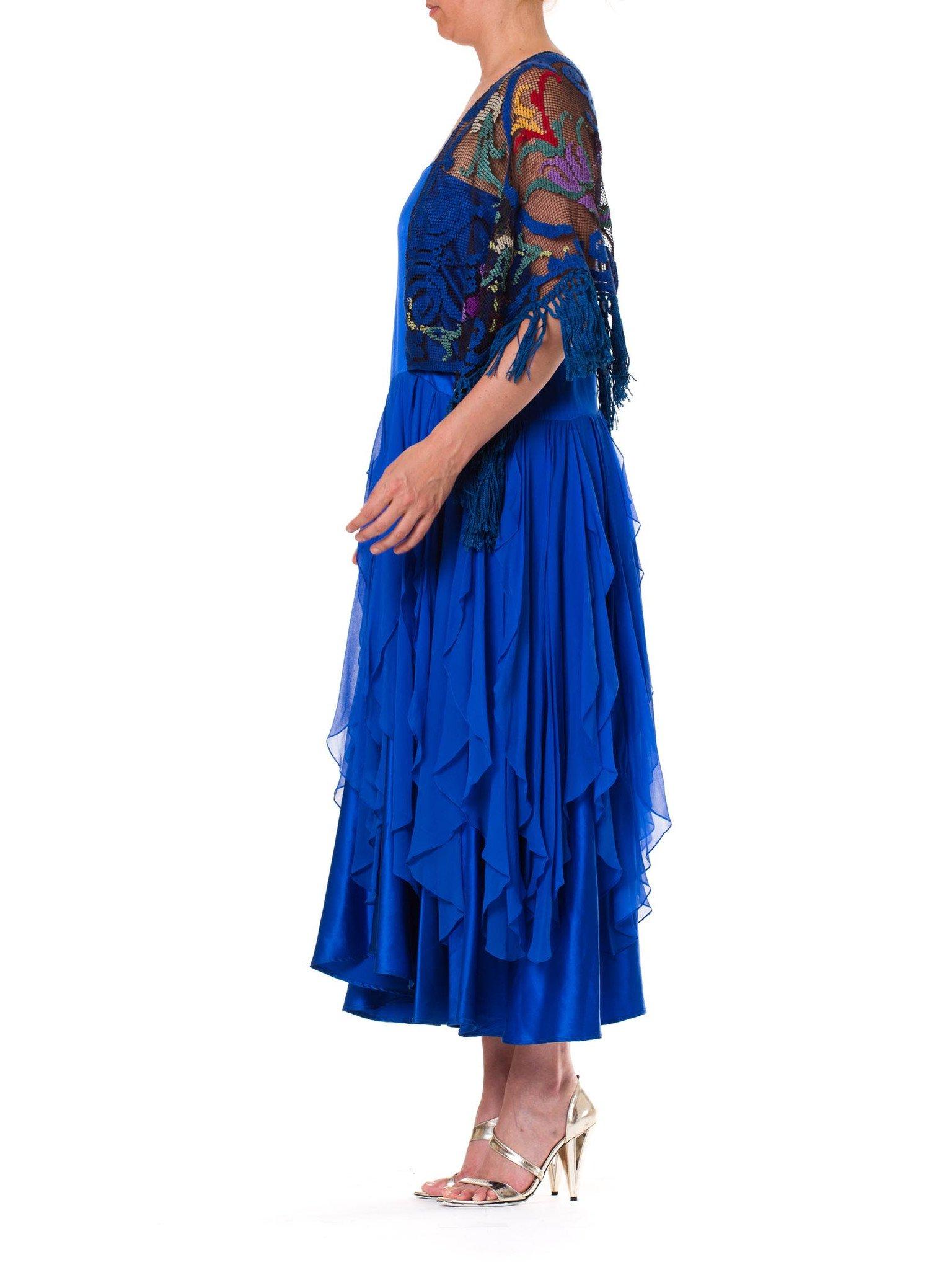 Women's Blue Silk Charmeuse  & Chiffon Dress With Antique Lace Sleeves For Sale