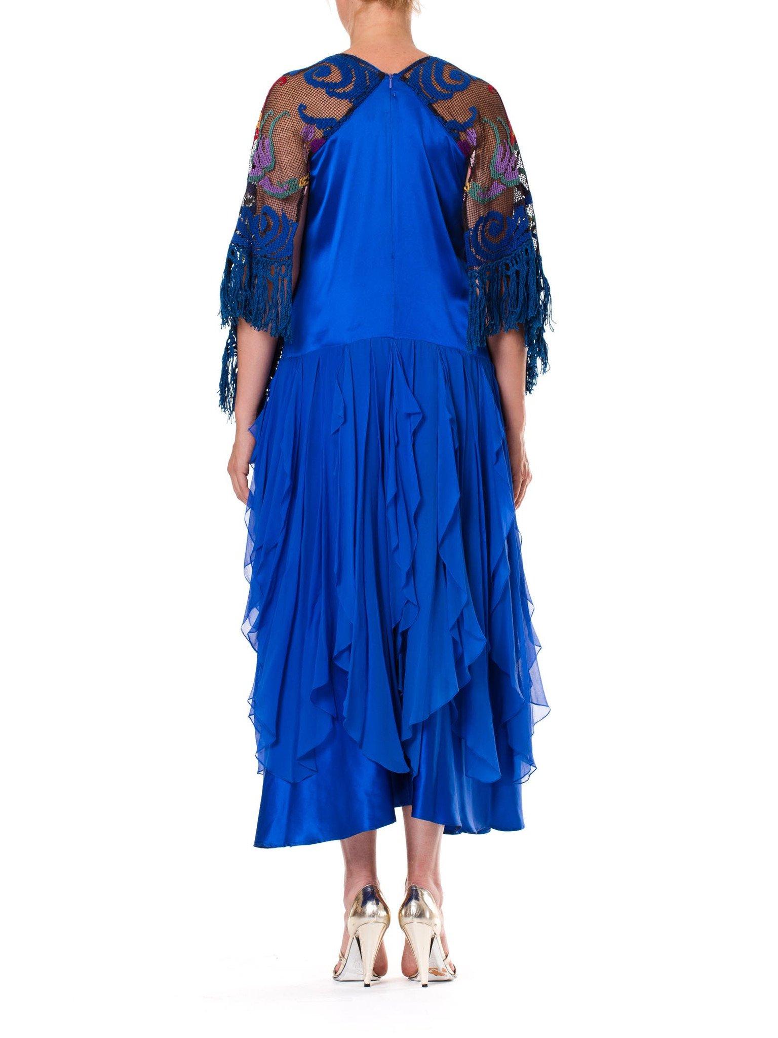 Blue Silk Charmeuse  & Chiffon Dress With Antique Lace Sleeves For Sale 1