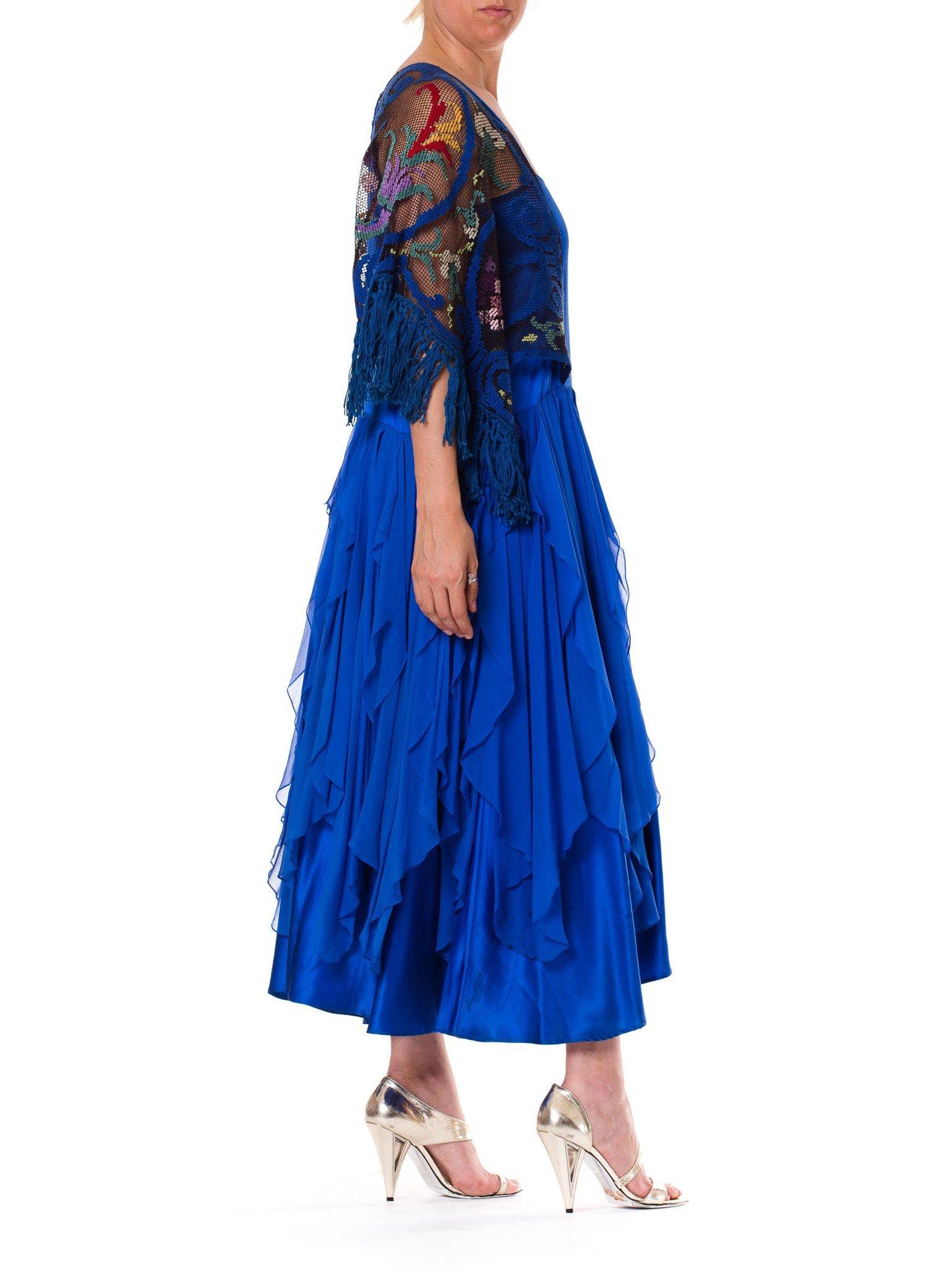 Blue Silk Charmeuse  & Chiffon Dress With Antique Lace Sleeves For Sale 2