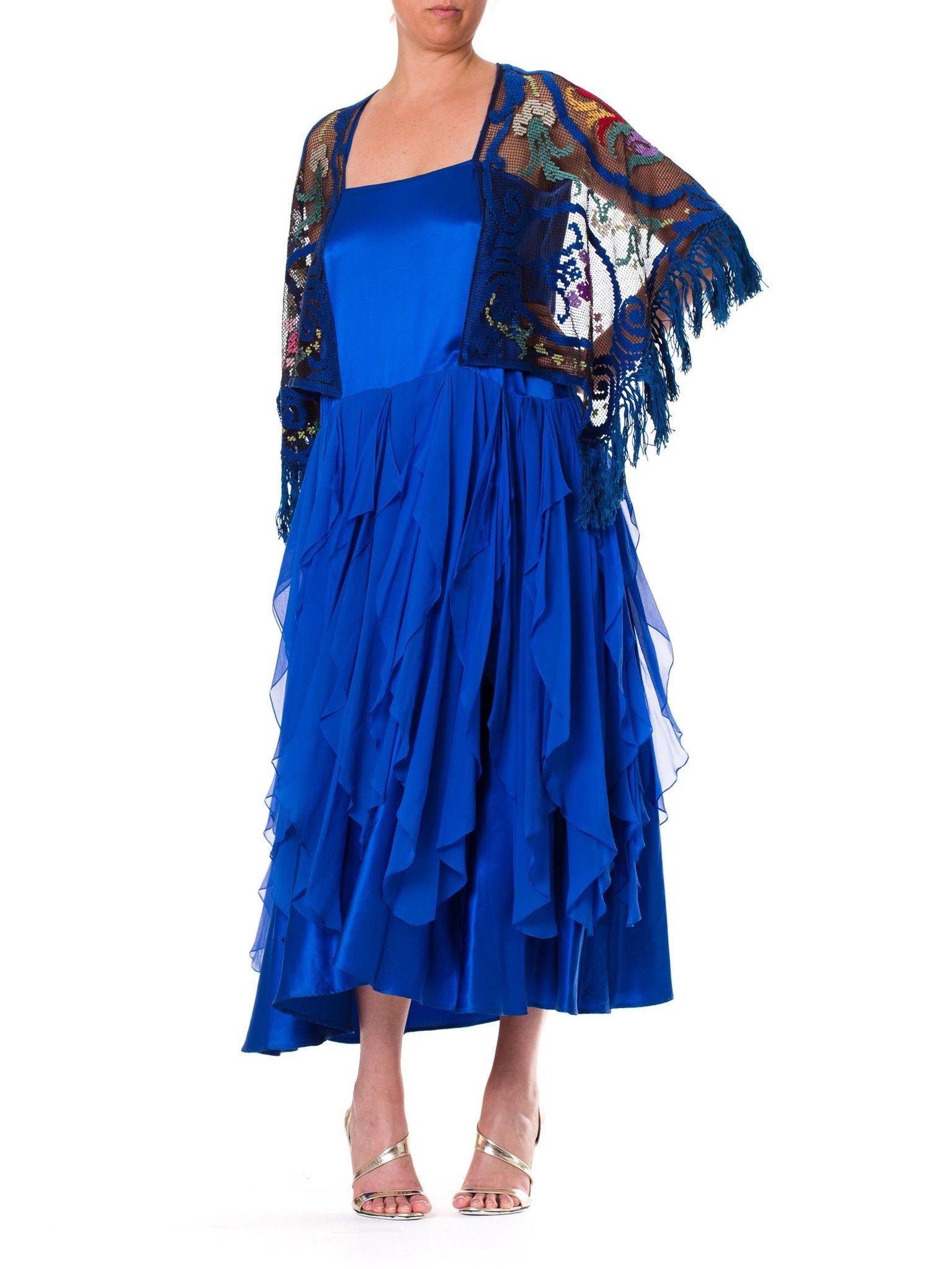 Blue Silk Charmeuse  & Chiffon Dress With Antique Lace Sleeves For Sale 3