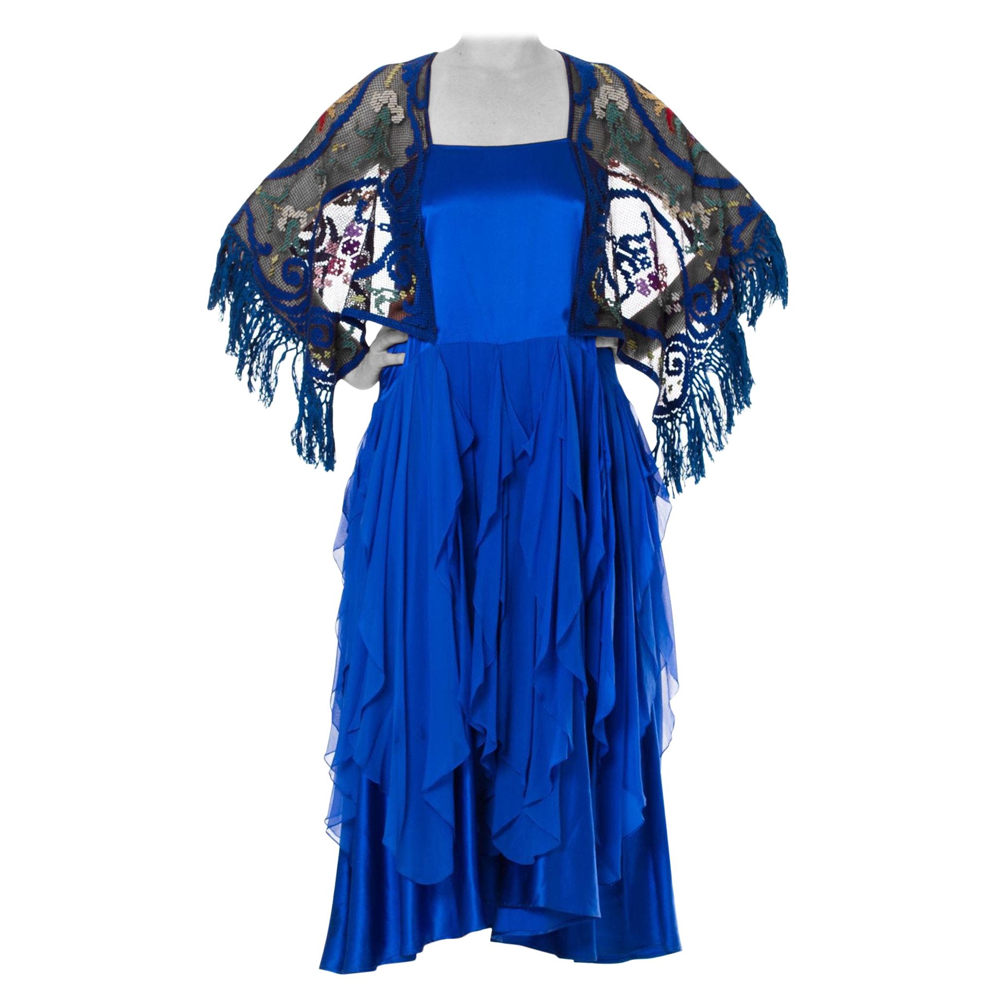 Blue Silk Charmeuse  & Chiffon Dress With Antique Lace Sleeves For Sale
