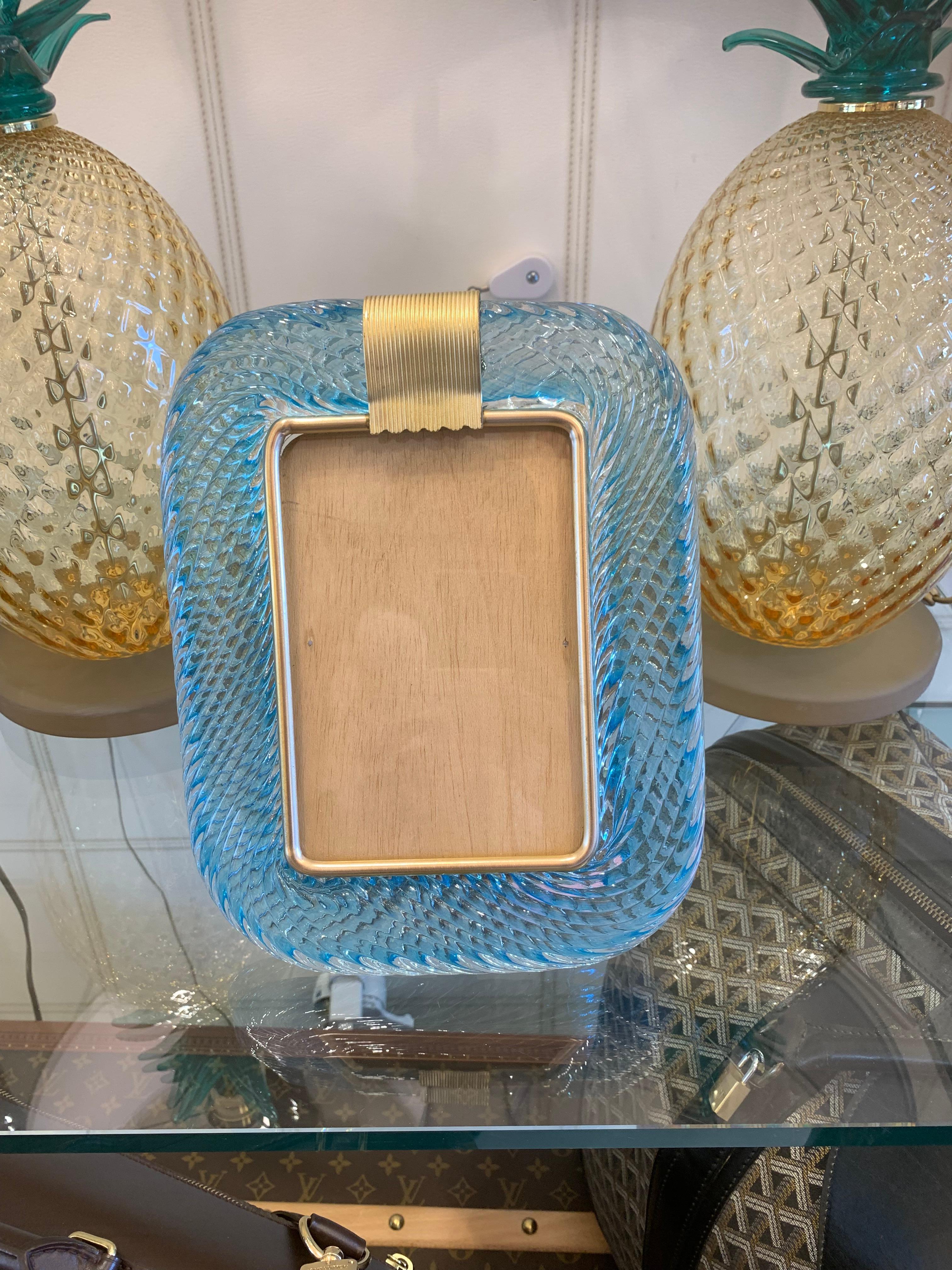 2000's Sky Blue Twisted Murano Glass and Brass Photo Frame by Barovier e Toso For Sale 8