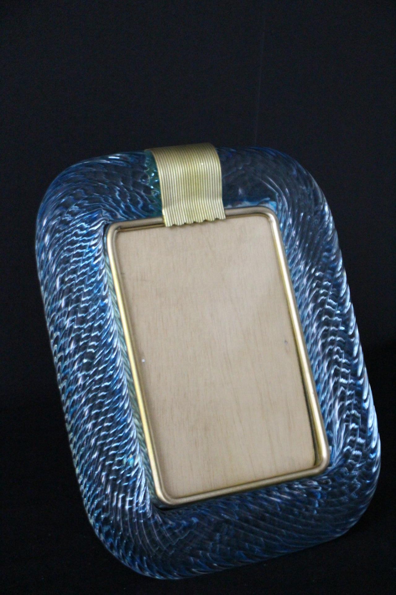 Italian 2000's Sky Blue Twisted Murano Glass and Brass Photo Frame by Barovier e Toso For Sale