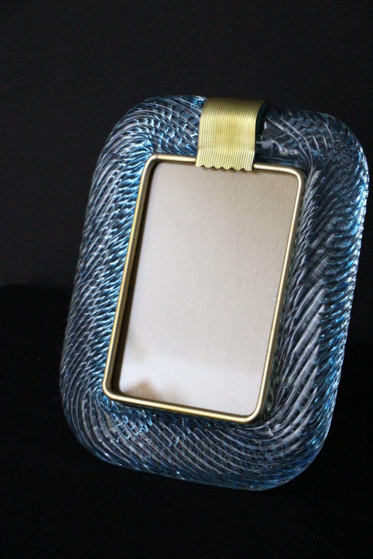 Hand-Crafted 2000's Sky Blue Twisted Murano Glass and Brass Photo Frame by Barovier e Toso For Sale