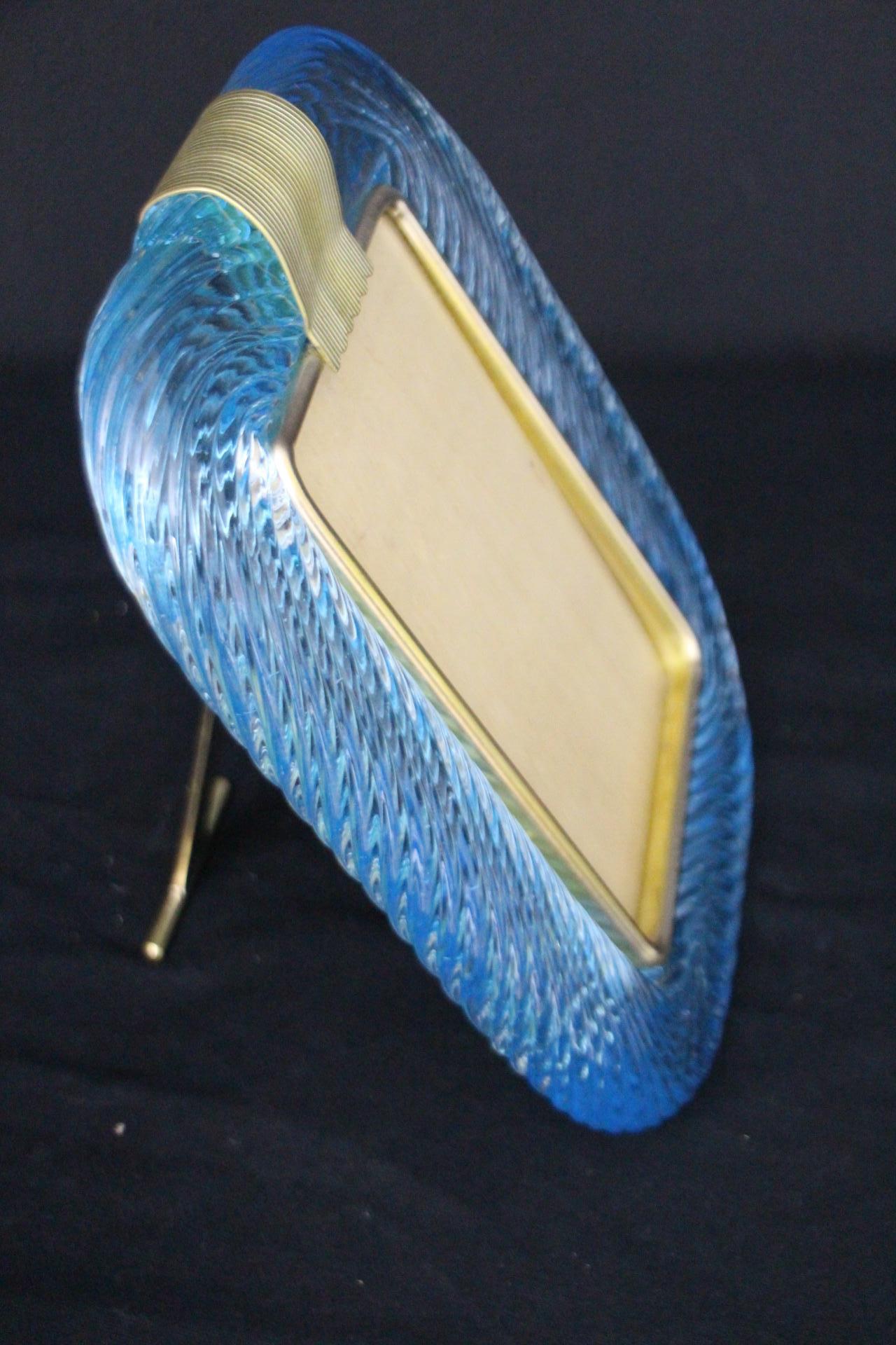 2000's Sky Blue Twisted Murano Glass and Brass Photo Frame by Barovier e Toso For Sale 3