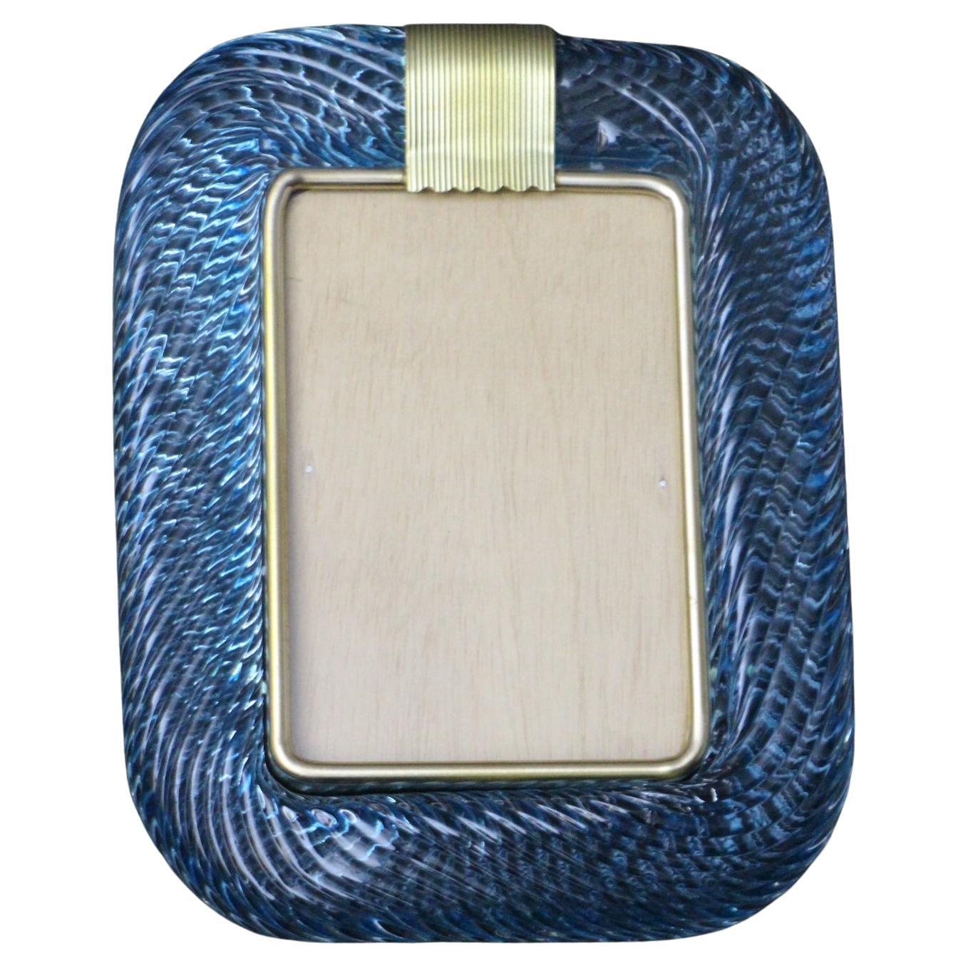 2000's Sky Blue Twisted Murano Glass and Brass Photo Frame by Barovier e Toso For Sale