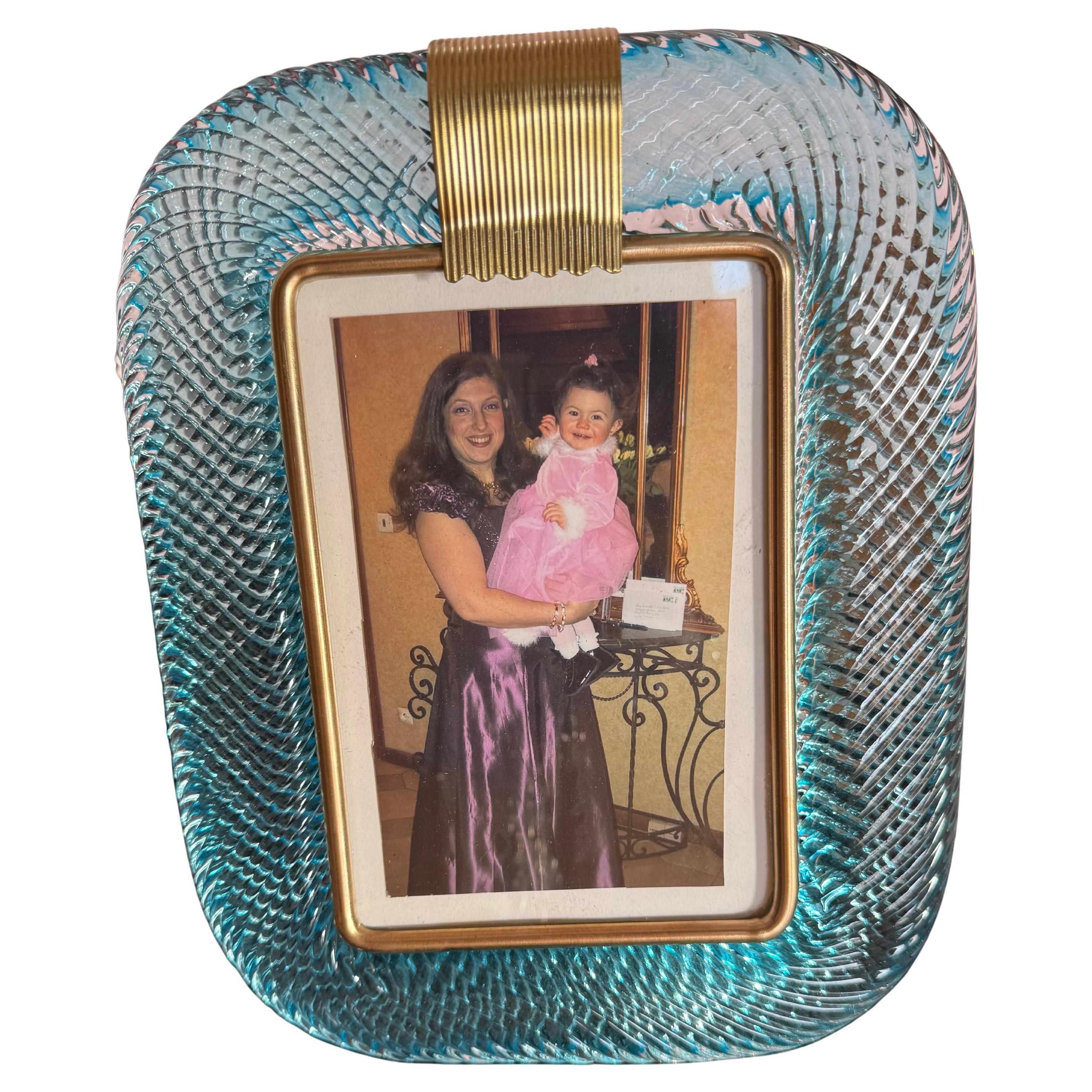 2000's Sky Blue Twisted Murano Glass and Brass Photo Frame by Barovier e Toso