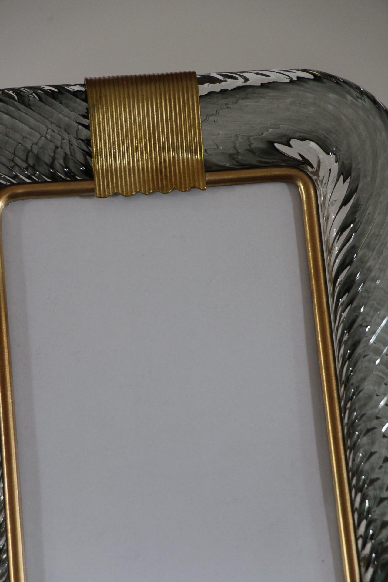 Italian 2000's Smoked Grey Twisted Murano Glass and Brass Photo Frame by Barovier e Toso