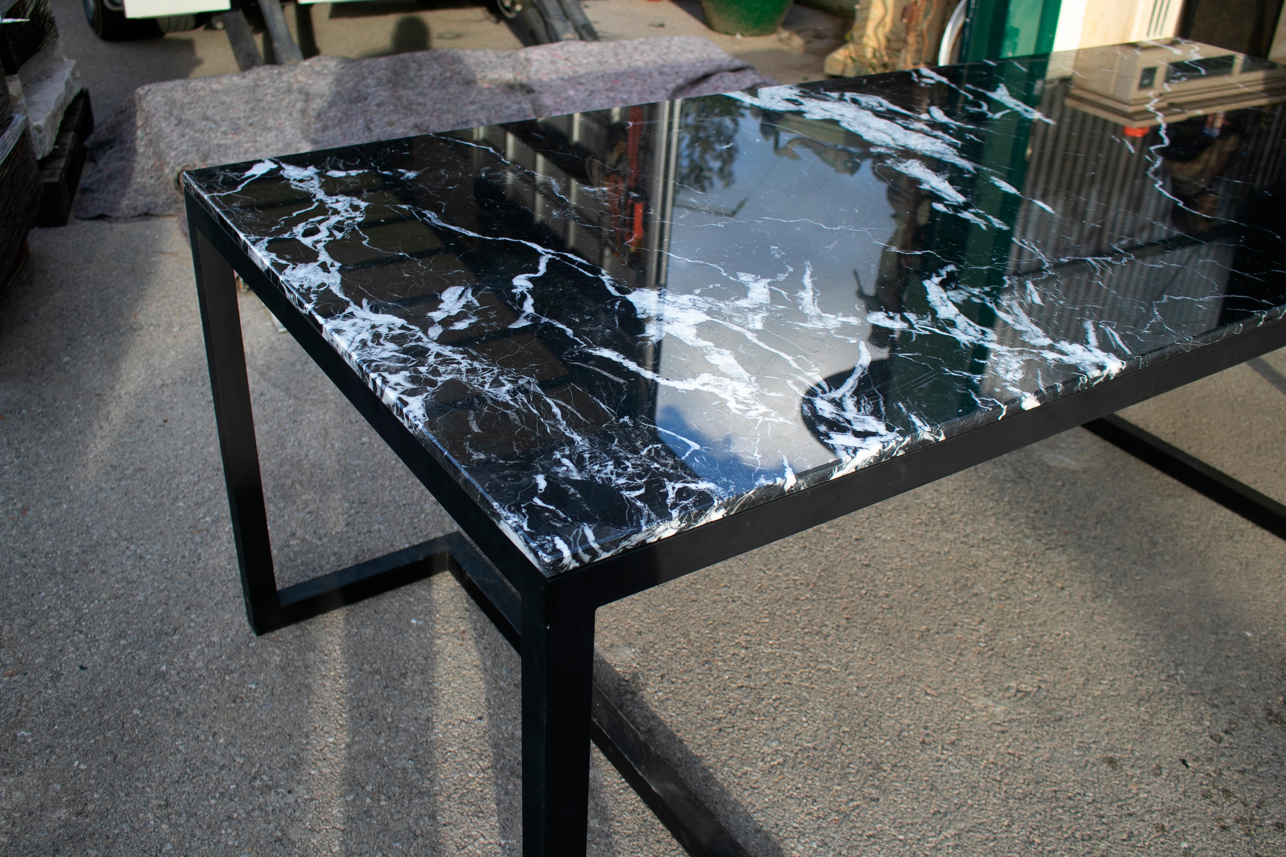 European 2000s Spanish Iron Table with Marquina Black Marble Top