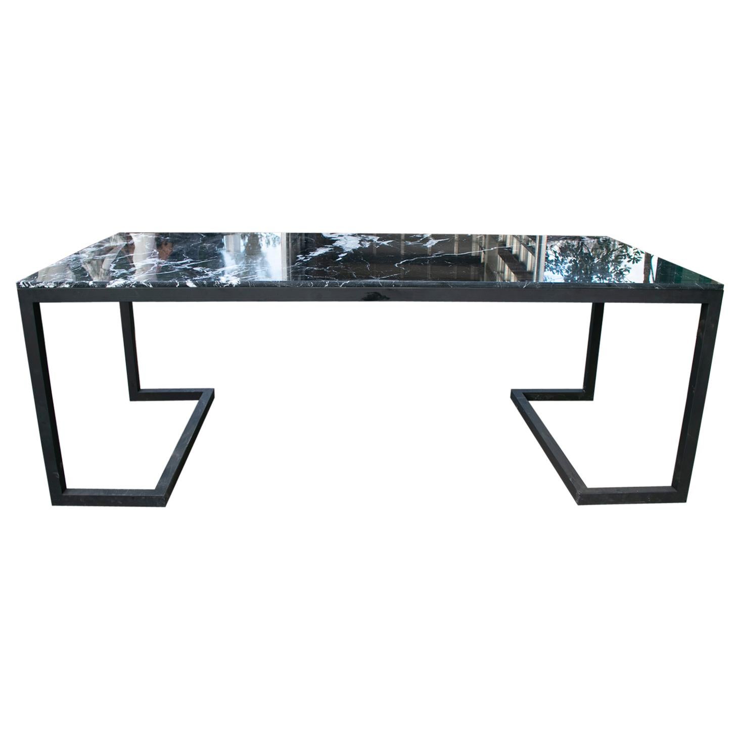 2000s Spanish Iron Table with Marquina Black Marble Top