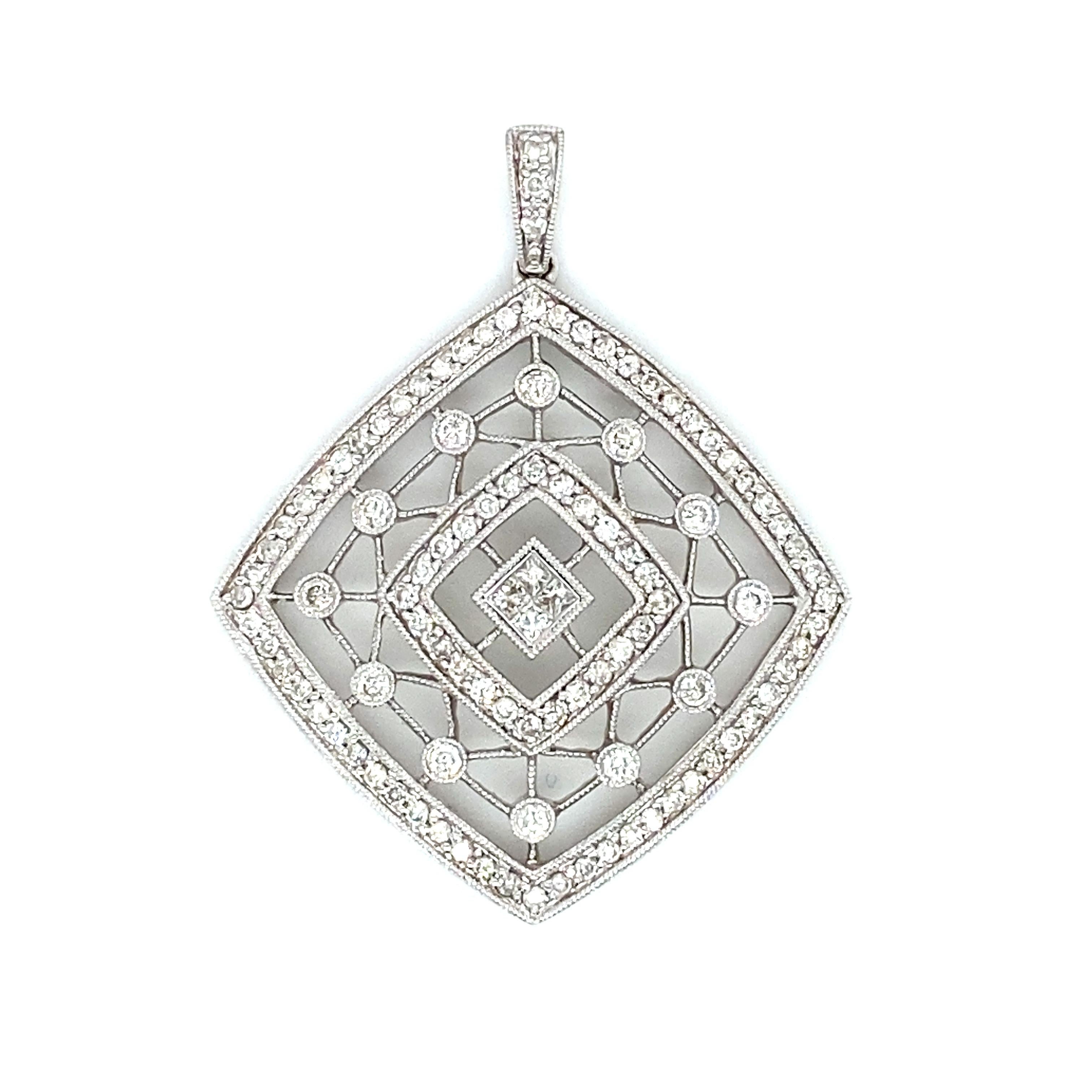 Item Details: This unique pendant has a square design with filigree and round diamond accents.

Circa: 2000s
Metal Type: 18 karat white gold
Weight: 5.4 grams
Size: 1.5 inch

Diamond Details:

Carat: 0.50 carat total weight (Approximately)
Shape: