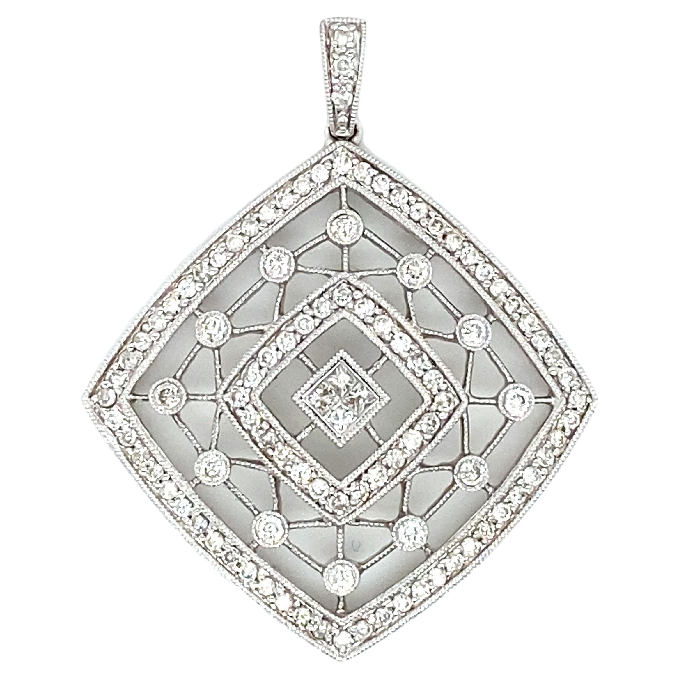 2000s Square Filigree Diamond Pendant in 18 Karat White Gold For Sale