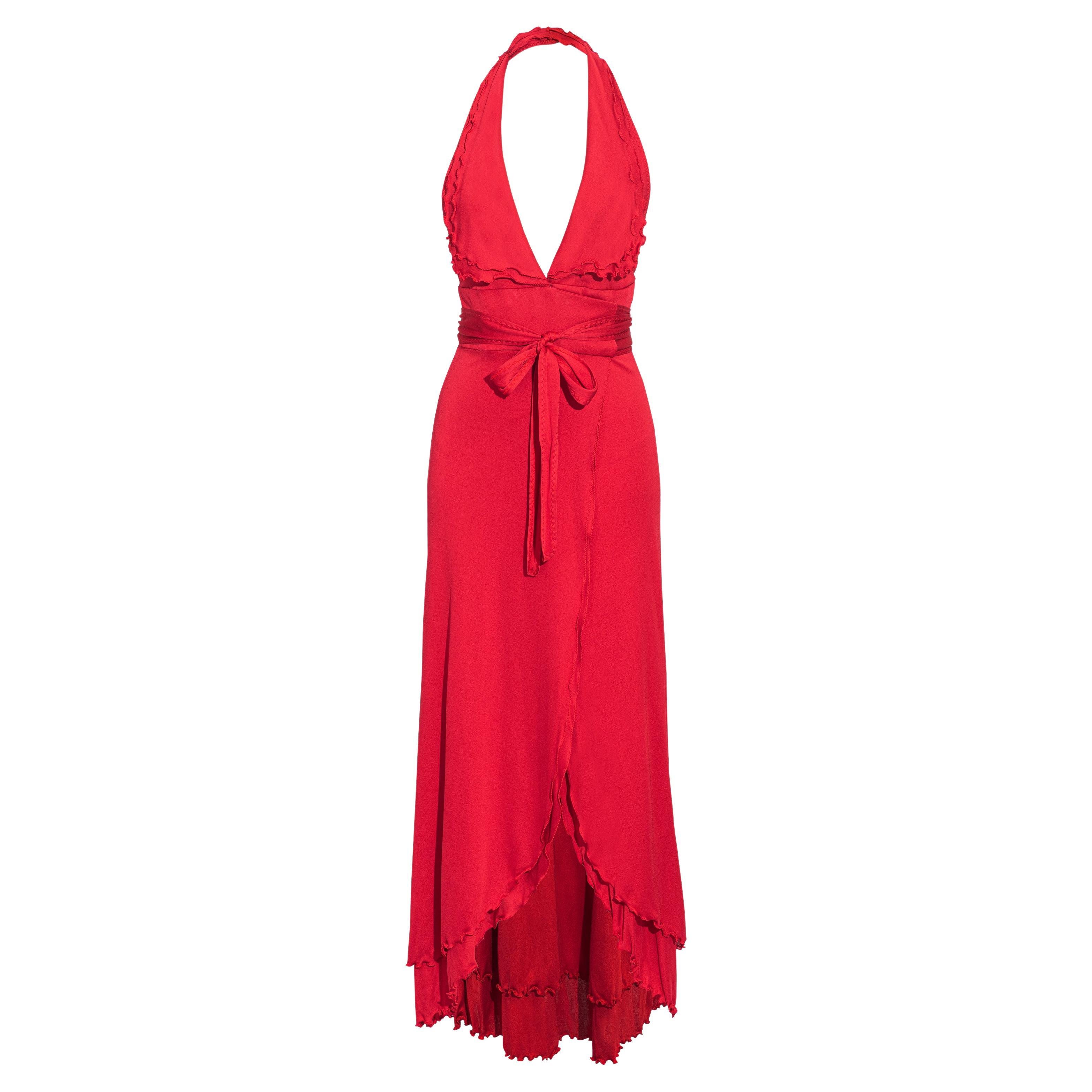 2000's Stephens (1970's Re-Issue) Red Halter Wrap Gown (robe rouge à dos nu) en vente