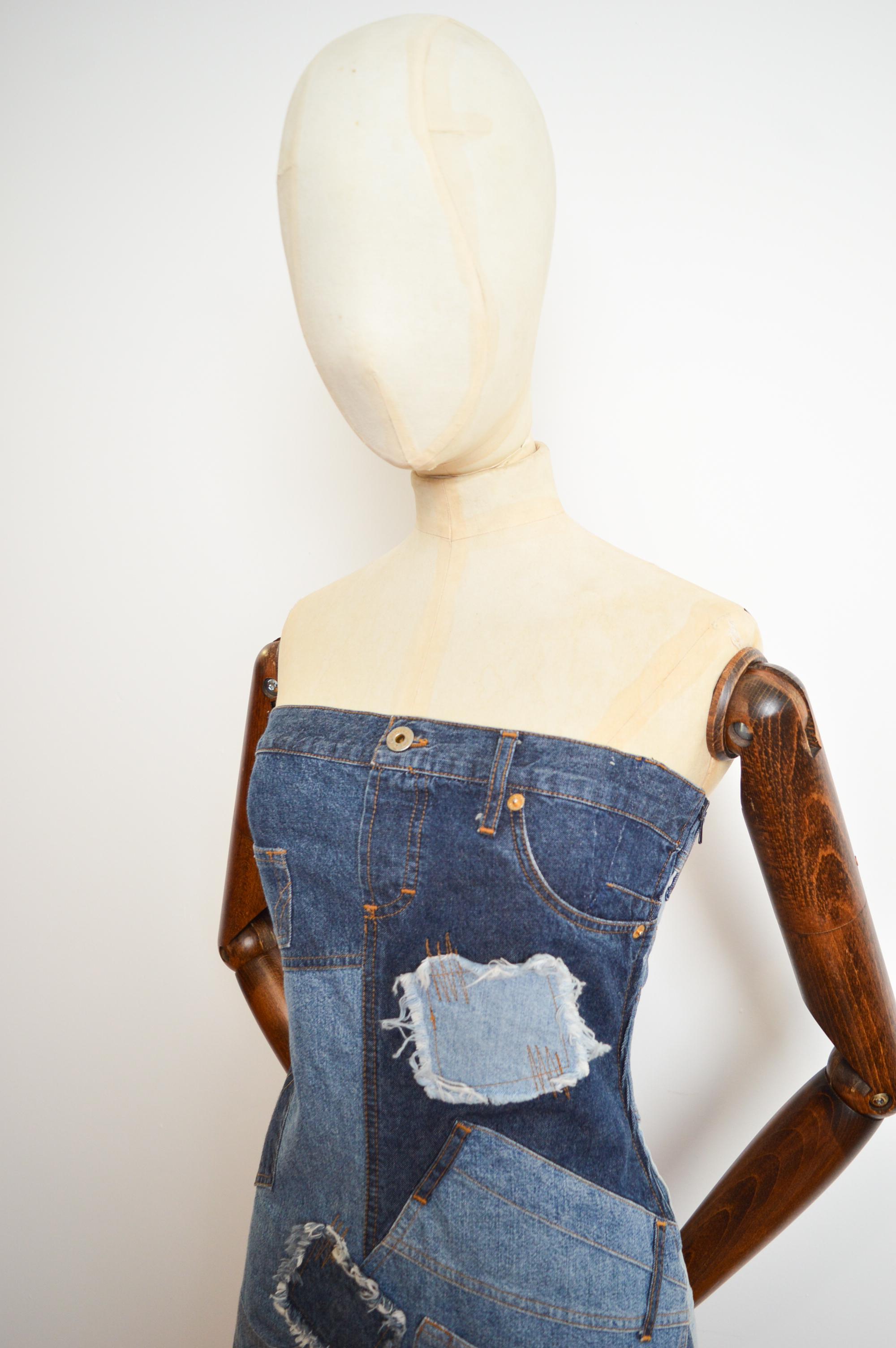 2000's Strapless DOLCE & GABBANA Patchwork denim Y2k Bustier Mini Dress For Sale 6