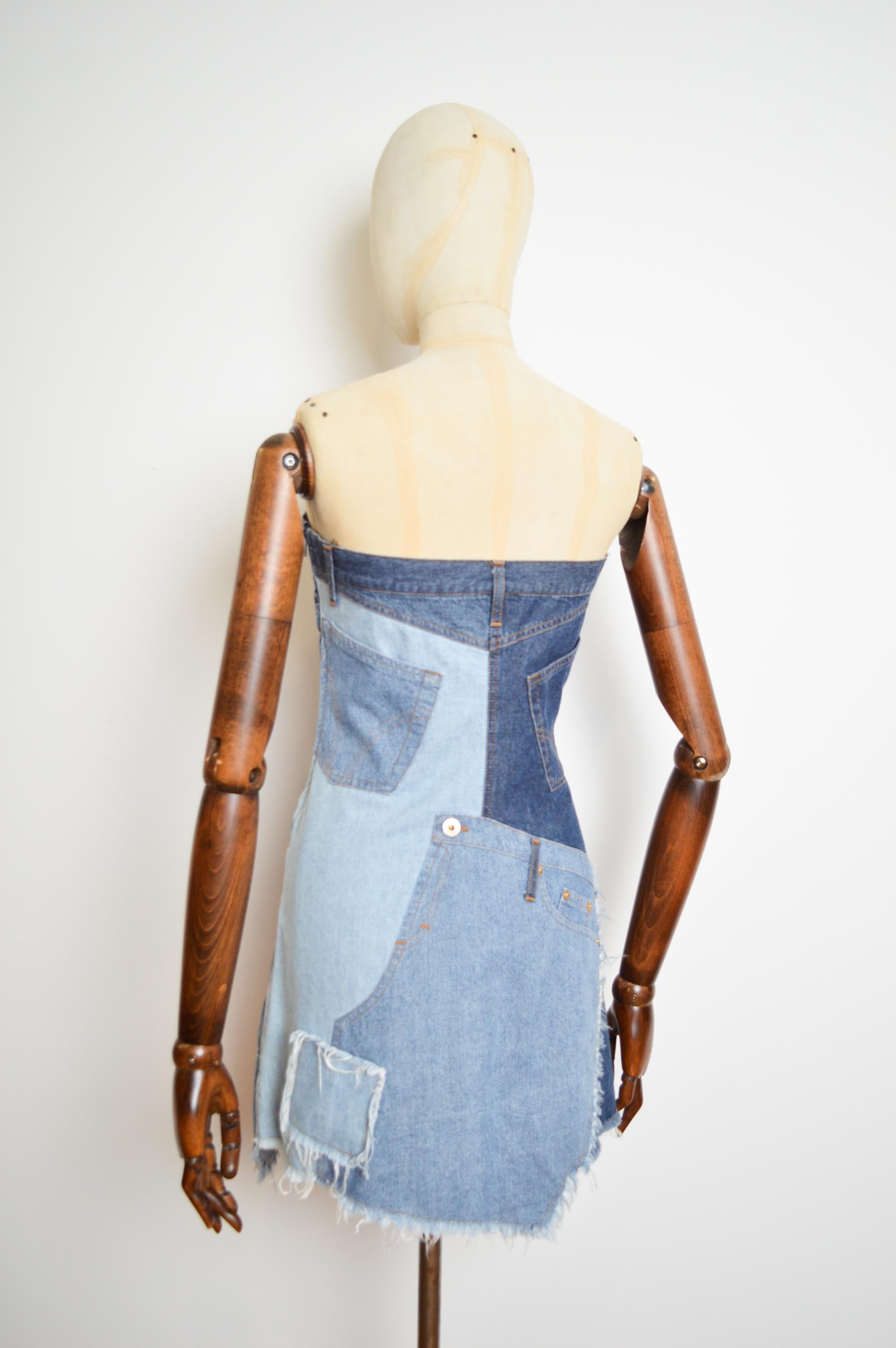 2000's Strapless DOLCE & GABBANA Patchwork denim Y2k Bustier Mini Dress For Sale 9