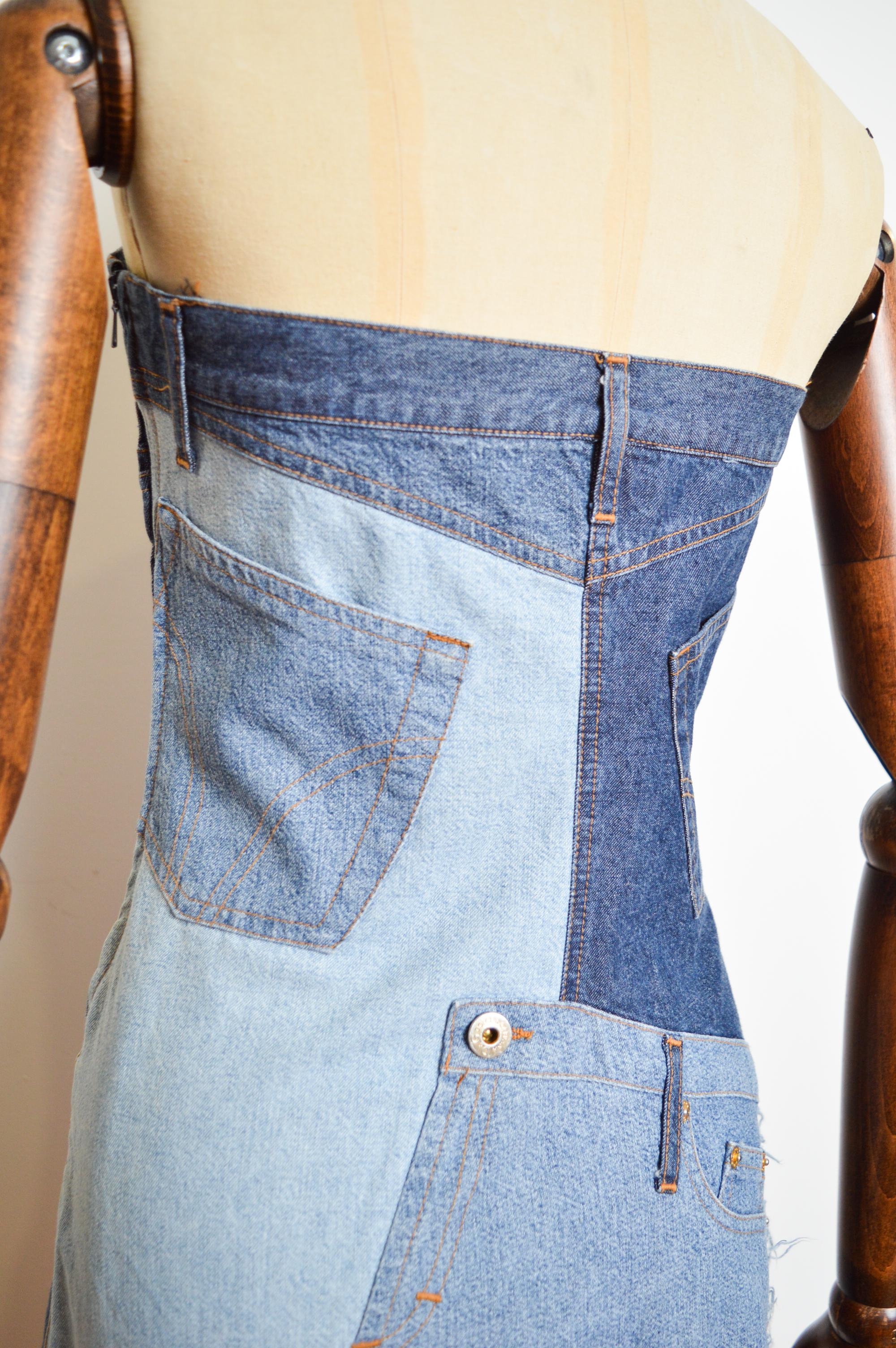 2000's Strapless DOLCE & GABBANA Patchwork denim Y2k Bustier Mini Dress For Sale 11