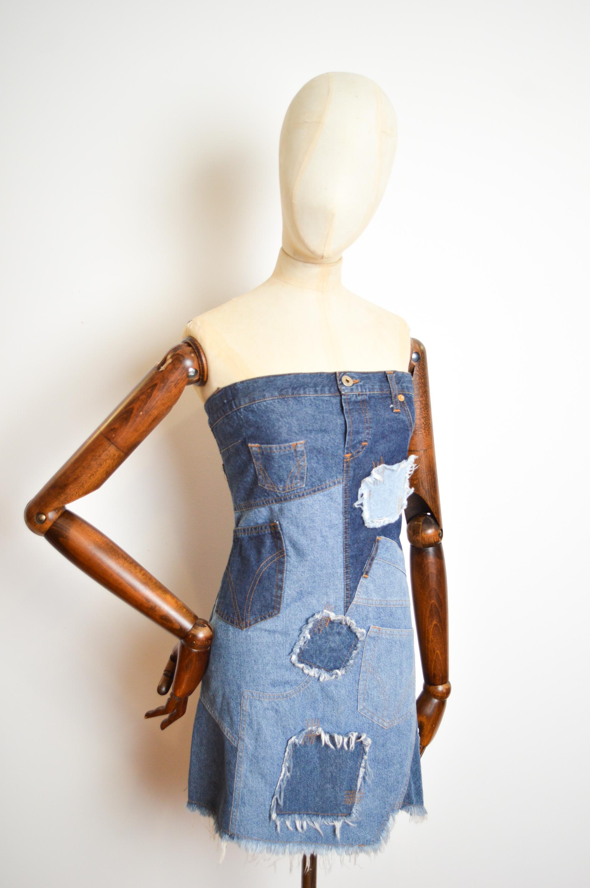 Gray 2000's Strapless DOLCE & GABBANA Patchwork denim Y2k Bustier Mini Dress For Sale