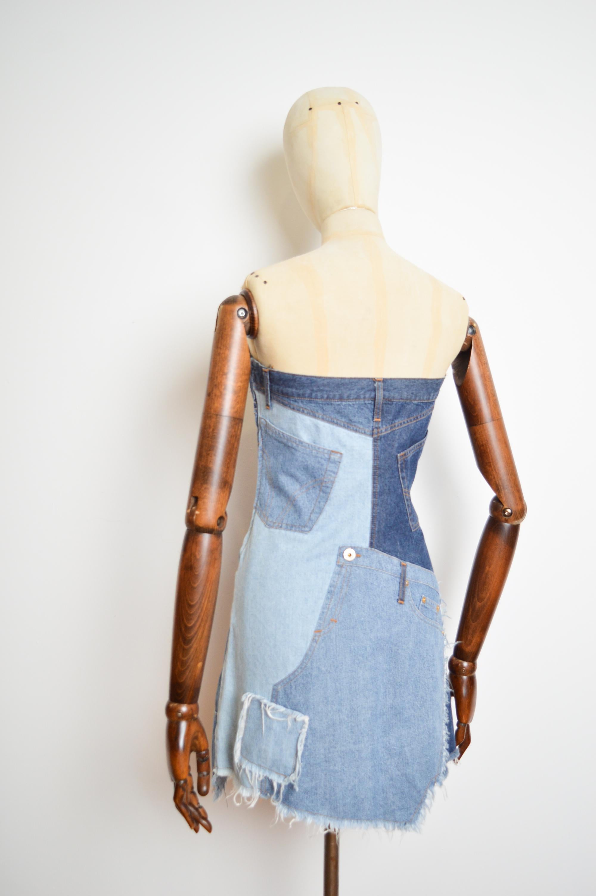Women's 2000's Strapless DOLCE & GABBANA Patchwork denim Y2k Bustier Mini Dress For Sale