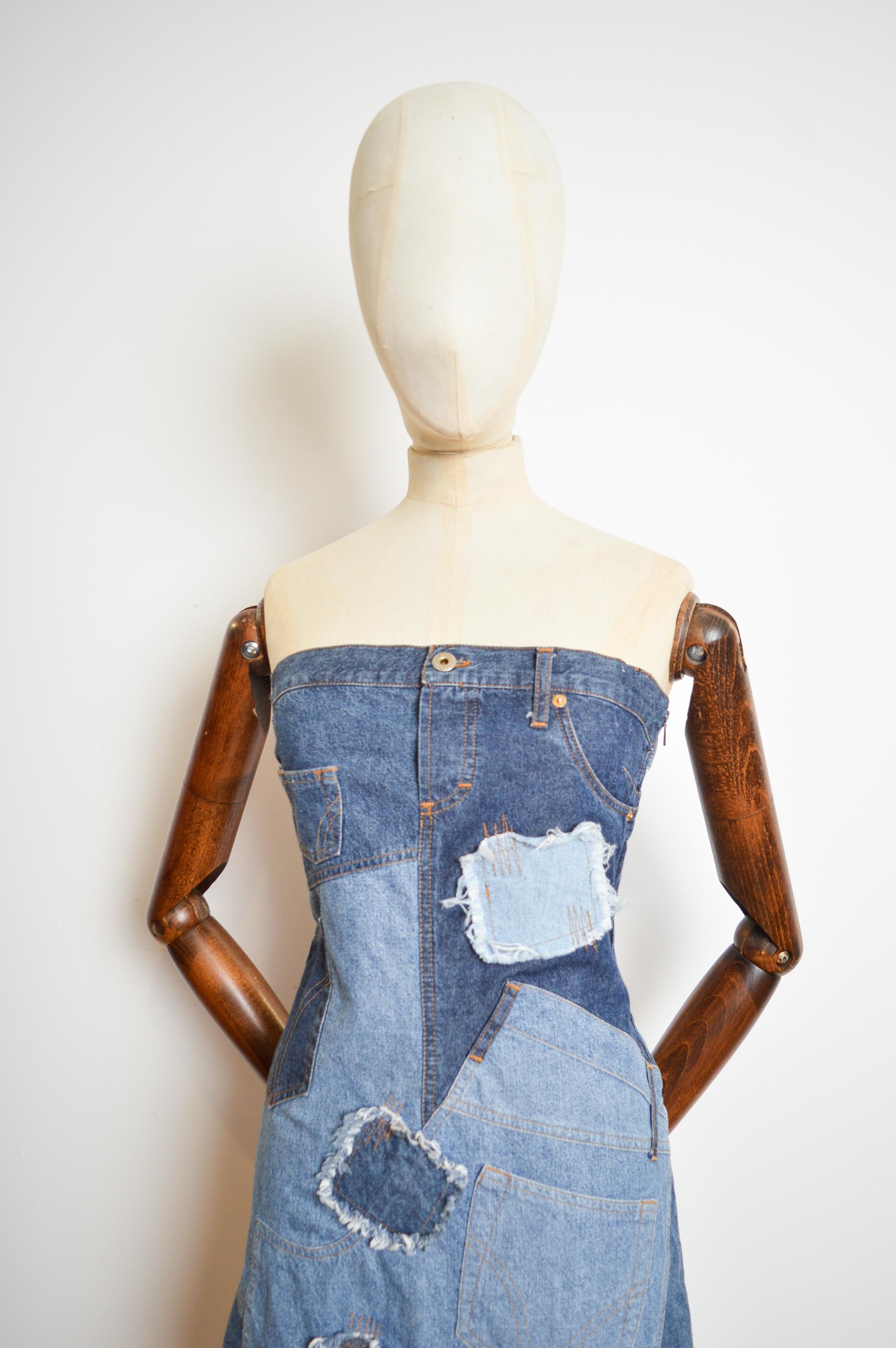 2000's Strapless DOLCE & GABBANA Patchwork denim Y2k Bustier Mini Dress For Sale 3