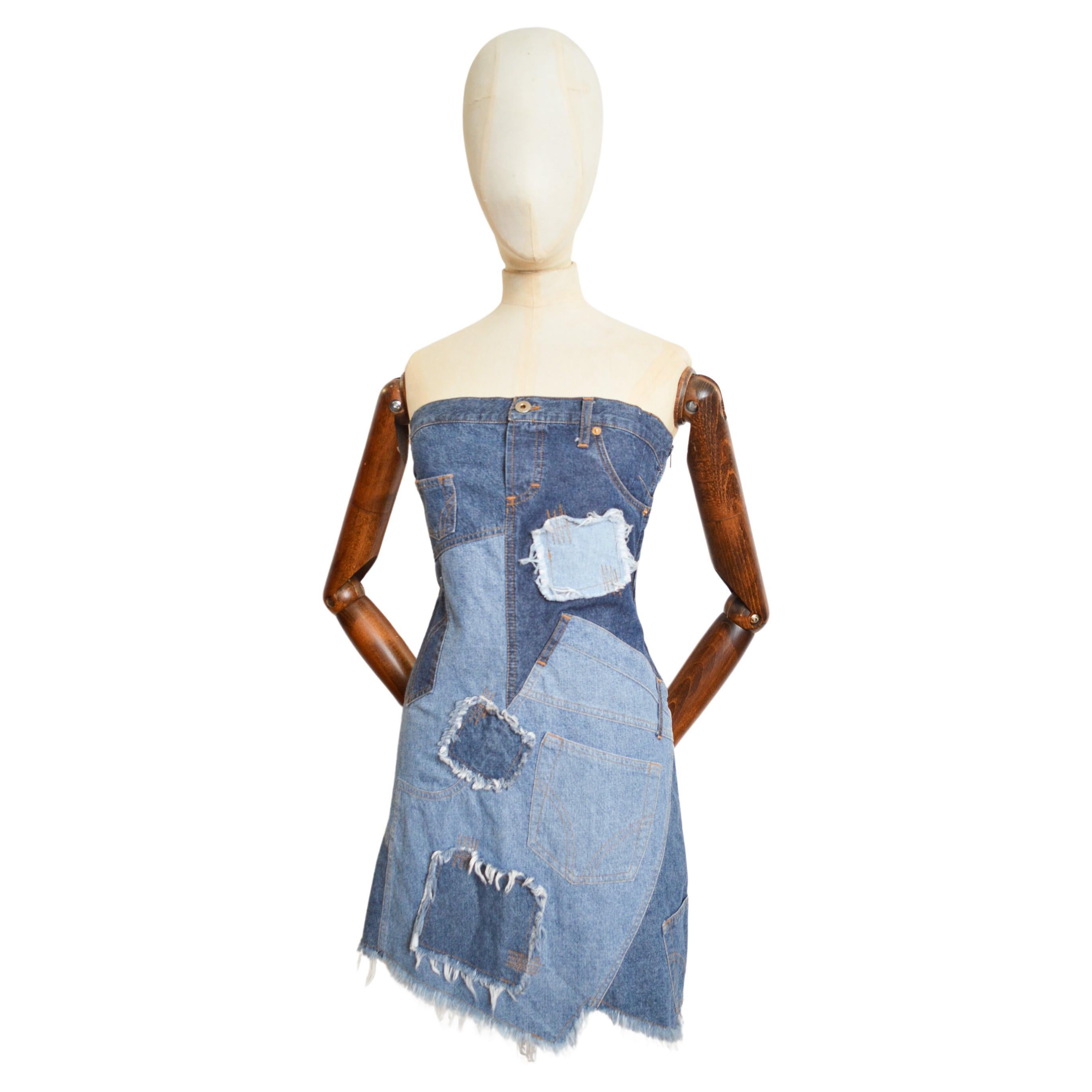 2000's Strapless DOLCE & GABBANA Patchwork denim Y2k Bustier Mini Dress For Sale